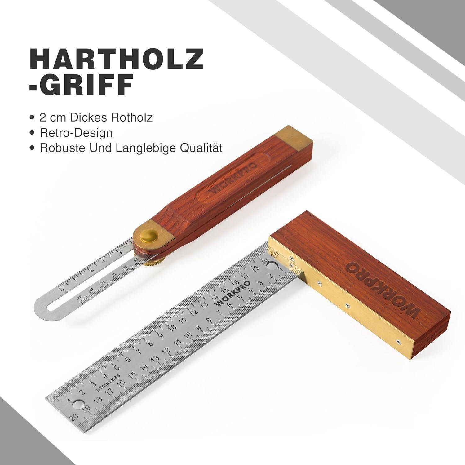 Womero' Marken-Metalllineal mit quadratischem Querschnitt und Hartholzgriff. Merkmale umfassen 2 cm dickes Rosenholz, Retro-Design, robuste und langlebige Qualität.