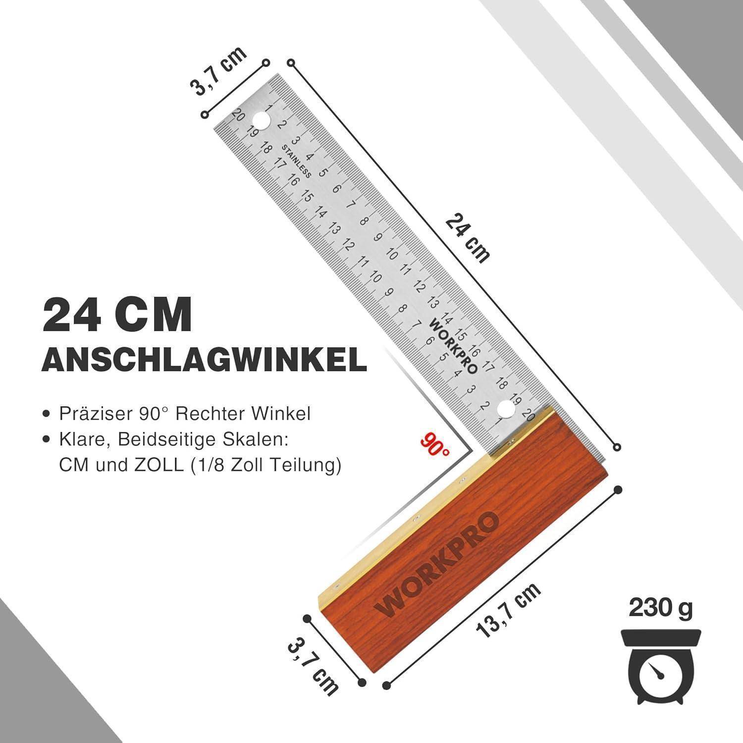24 cm Winkelmesser mit präzisem 90-Grad-Winkel und Doppelskalen (CM und Zoll). Wiegt 230 g.