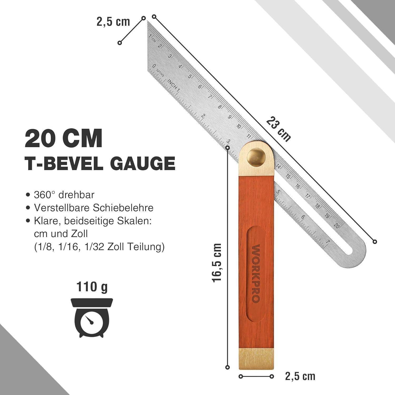 20 cm T-Winkel-Messgerät mit Messungen; 360° drehbar, klare Doppelskalen in cm und Zoll, 110 g schwer.
