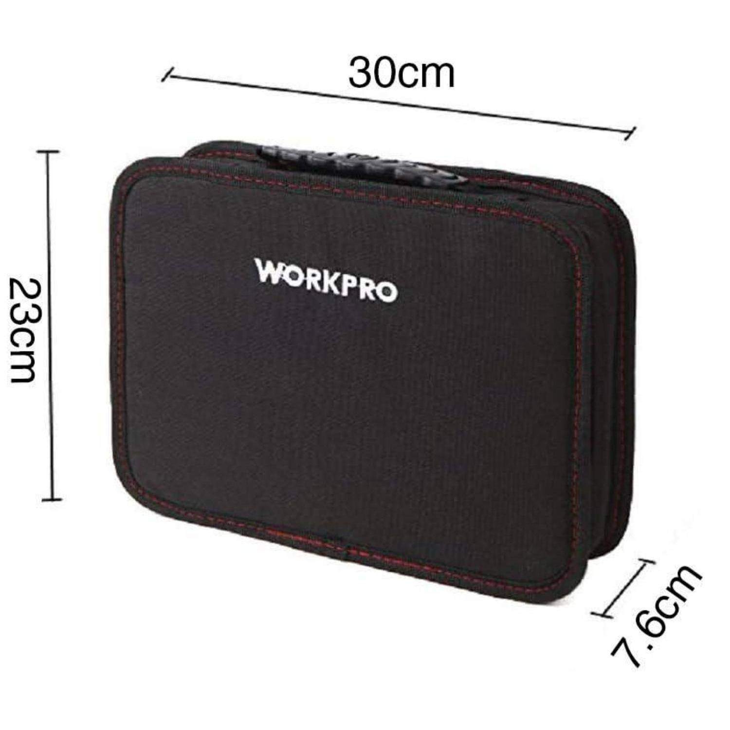 WORKPRO' schwarzer Koffer mit Abmessungen: 30 cm Länge, 23 cm Höhe, 7,6 cm Breite.