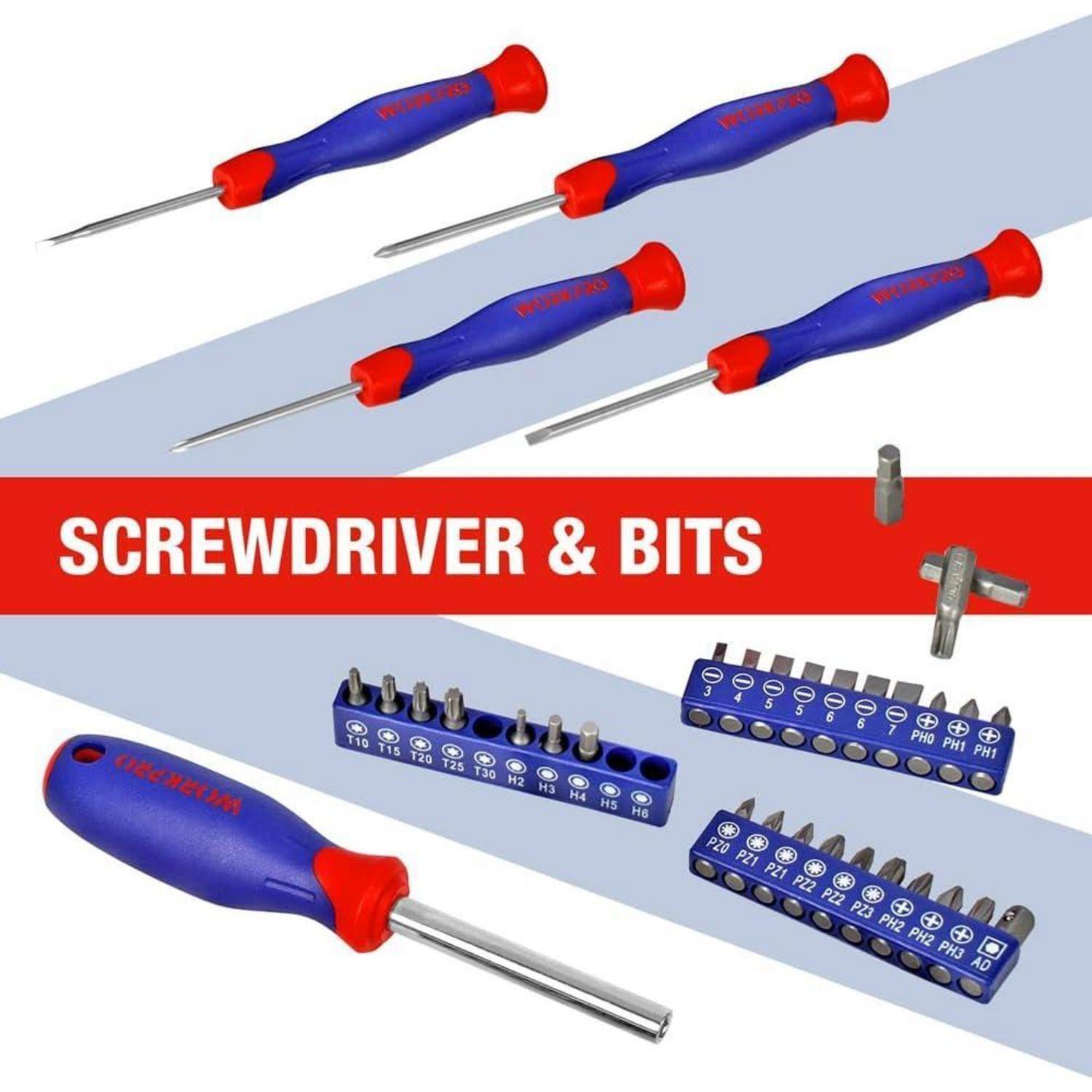 Schraubendreher & Bit-Set; umfasst mehrere Schraubendreher und Bit-Kits; Hauptkomponenten beinhalten verschiedene Köpfe und einen Griff, alles in Blau mit roten Akzenten.