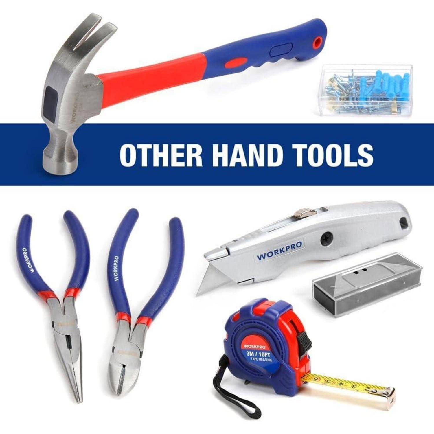 Sektion ‚Andere Handwerkzeuge', bestehend aus einem Hammer, Zangen, Universalmesser, Maßband und Wanddübeln mit Schrauben.