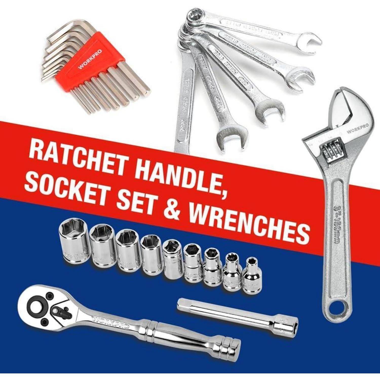 Das Bild 'Ratsche, Steckschlüsselsatz & Schraubenschlüssel' zeigt verschiedene Werkzeuge, darunter eine Ratsche, einen Steckschlüsselsatz, Sechskantschlüssel und Schraubenschlüssel.