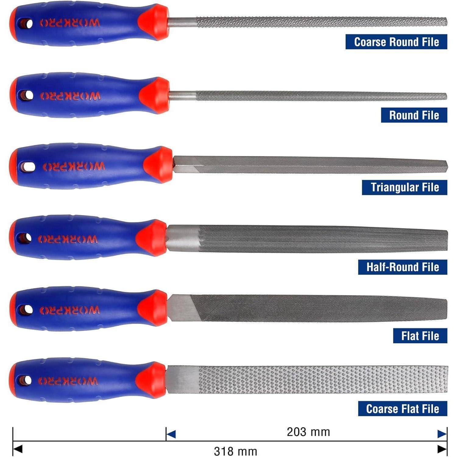 Ein Satz von sechs Feilen mit roten und blauen Griffen, darunter grobe runde, runde, dreieckige, halbrunde, flache und grobe flache Feile. Gesamtlänge beträgt 318 mm, Grifflänge 203 mm.