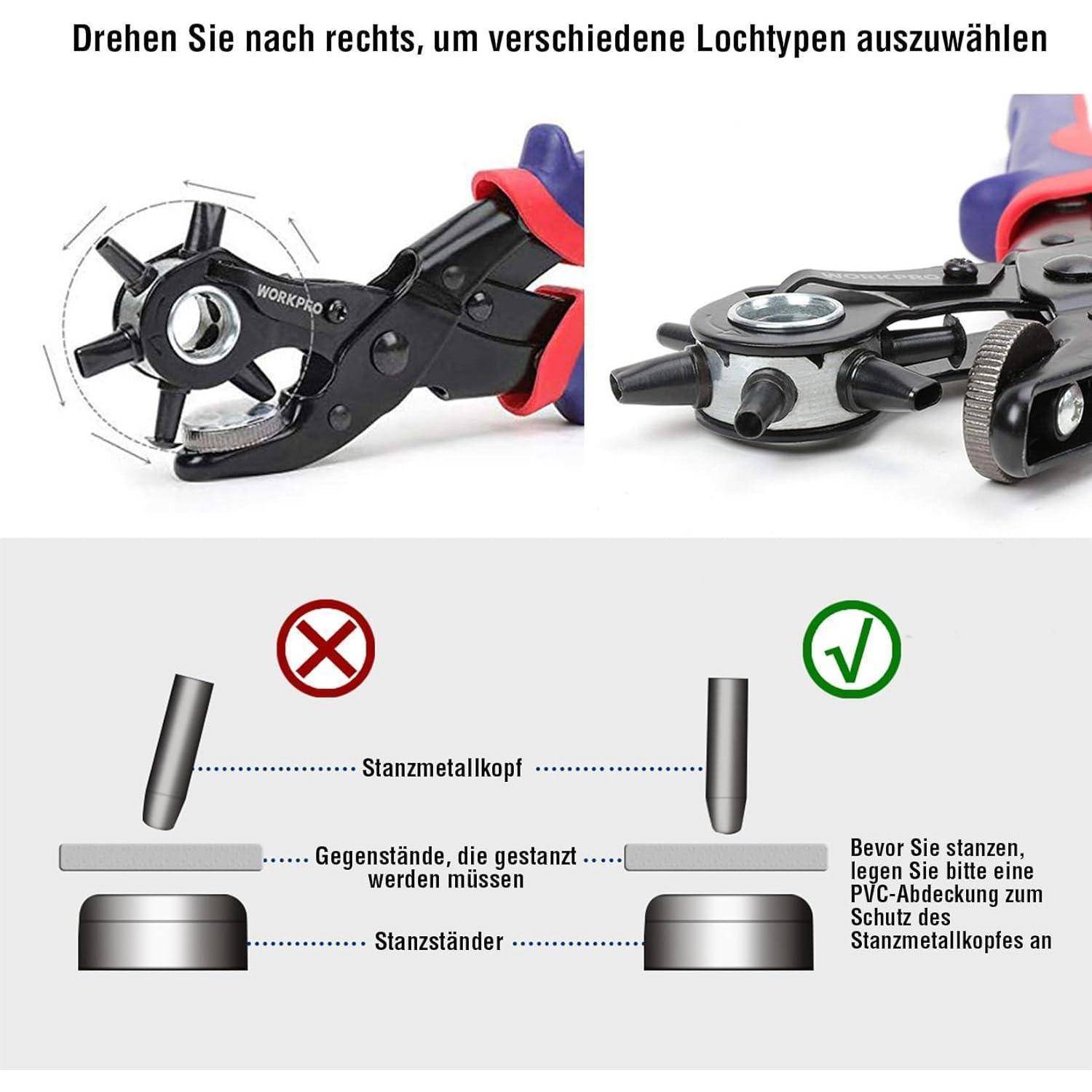 Das Bild zeigt Anweisungen zur Verwendung eines Lochers. Der obere Abschnitt stellt einen Locher mit einem rotierenden Kopf dar. Der untere Abschnitt veranschaulicht die richtigen und falschen Möglichkeiten, den Locherkopf und das Material zu positionieren, gekennzeichnet durch Symbole und Anmerkungen.