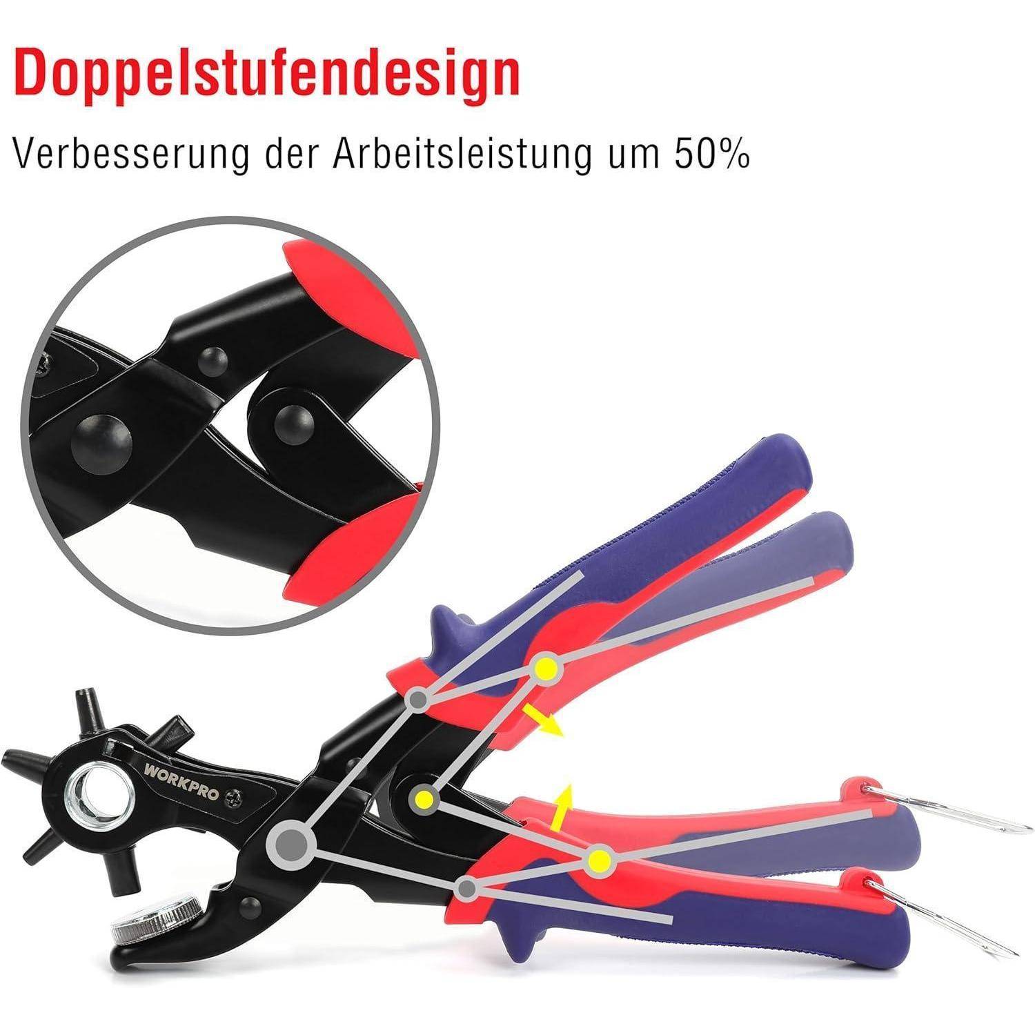Ein zweistufiger Lochzange mit roten und blauen Griffen; ein eingefügter Kreis hebt den doppelten Hebelmechanismus hervor; der Text besagt ‚Leistung um 50% gesteigert'.