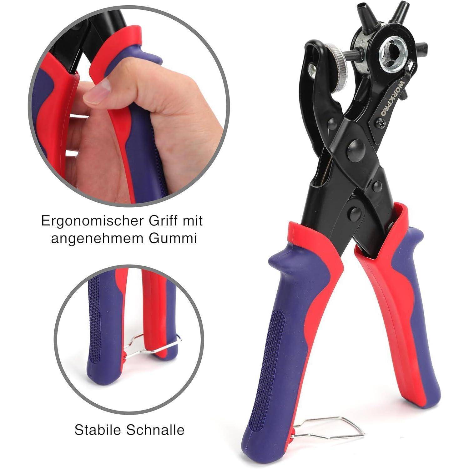 Locheisen mit rot und blau ergonomischem Gummigriff, Nahaufnahme einer Hand, die das Werkzeug hält. Text auf Deutsch beschreibt Komfort und stabilen Bügel.