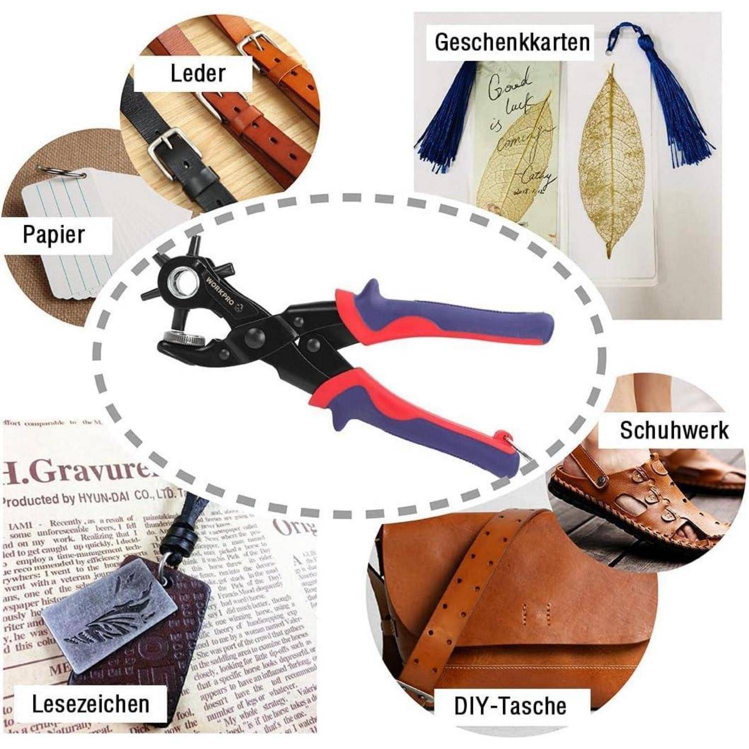 Ein Lederdurchschlagwerkzeug ist von Bildern umgeben, die seine Anwendungen zeigen: Leder, Papier, Geschenkkarten, Schuhe, Lesezeichen und DIY-Taschen.