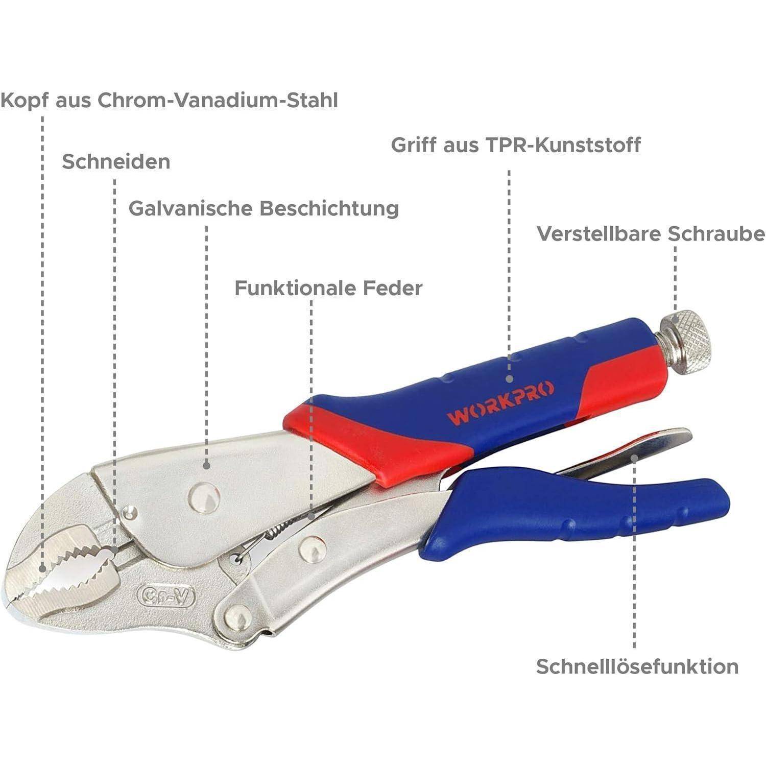 MULTIFUNKTIONSZANGE: Merkmale umfassen Chrom-Vanadium-Stahlkopf, Schneidkanten, verzinkte Beschichtung, TPR-Griff, einstellbare Schraube, Schnellauslösehebel, Funktionsfeder.