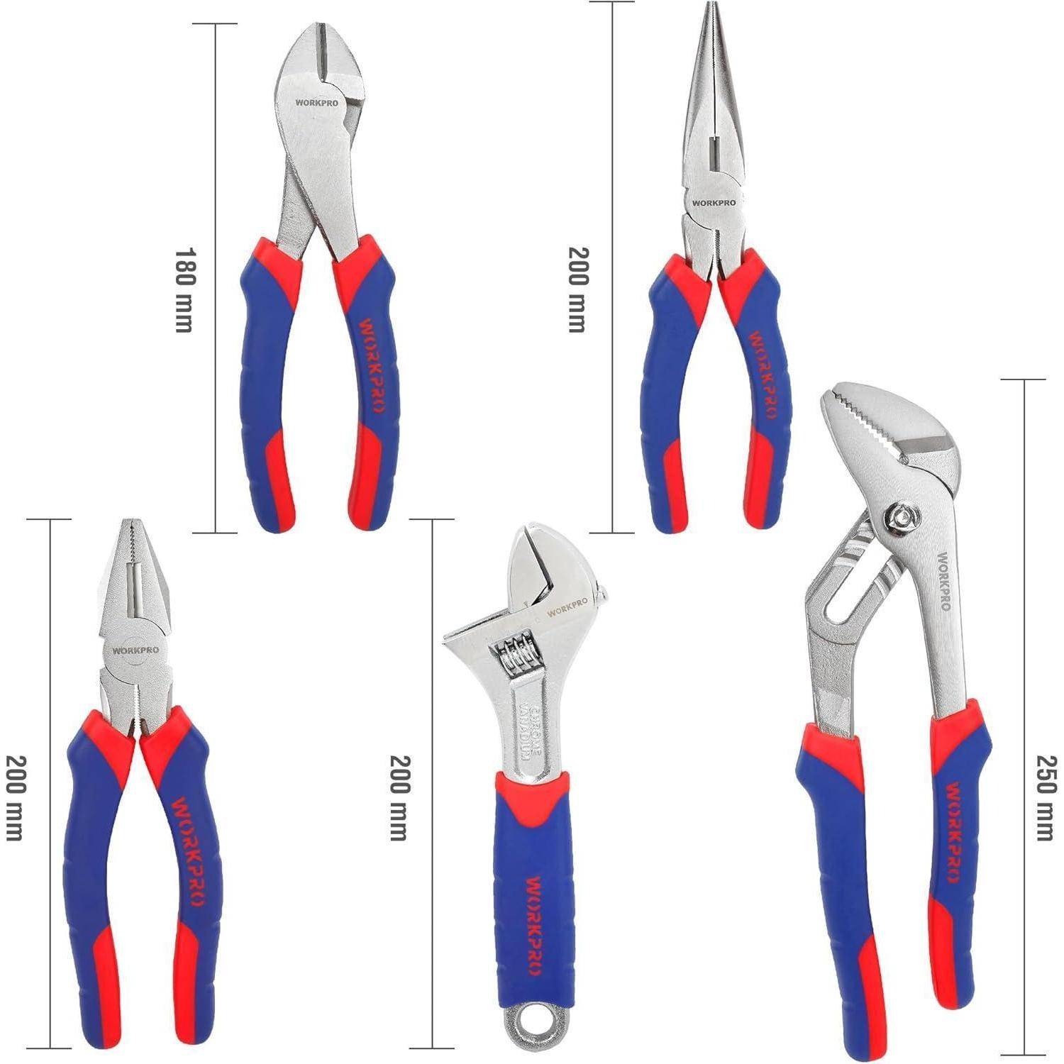 Ein Satz von fünf Zangen- und Schraubenschlüsseltypen, jeweils mit blauen und roten Griffen und entsprechenden Längen: 180 mm, 200 mm, 200 mm, 200 mm, 250 mm.