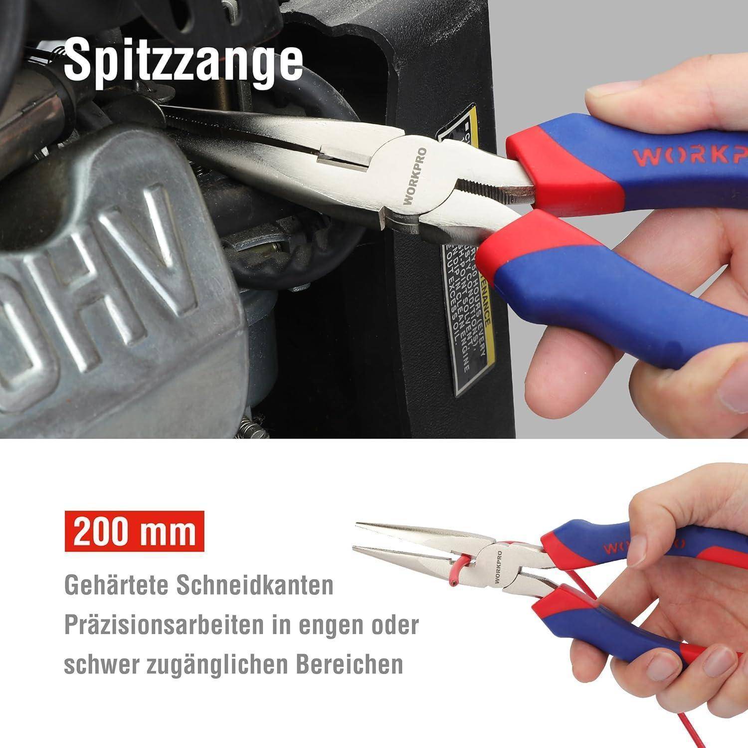 Spitzzange' Nahaufnahme einer roten und blauen Spitzzange, die ein Metallobjekt umfasst. Darunter steht '200 mm' mit einer Beschreibung.