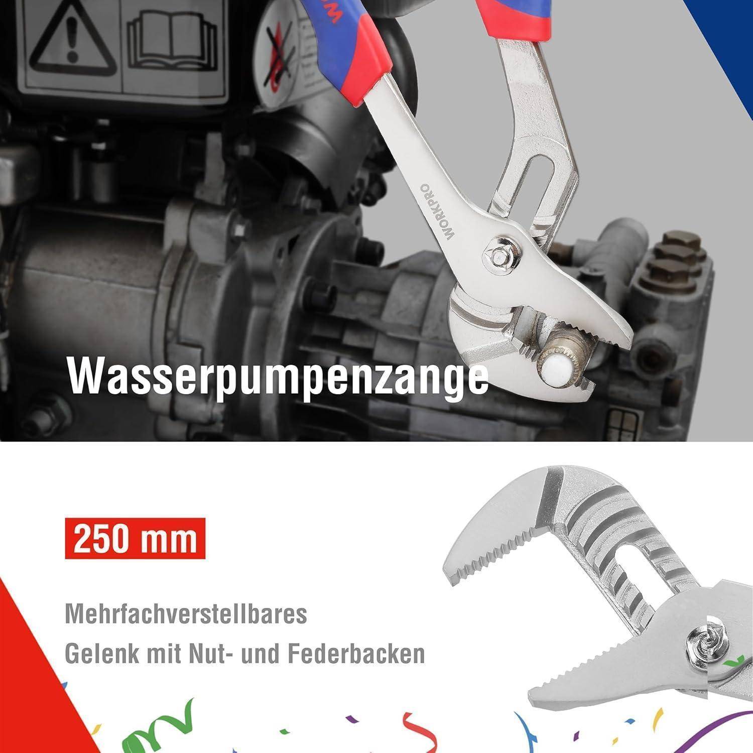 Eine Wasserpumpenzange, die einen metallischen Gegenstand umgreift, mit der Beschriftung 'Wasserpumpenzange'. Darunter steht der Text '250 mm' mit zusätzlichen Details auf Deutsch.