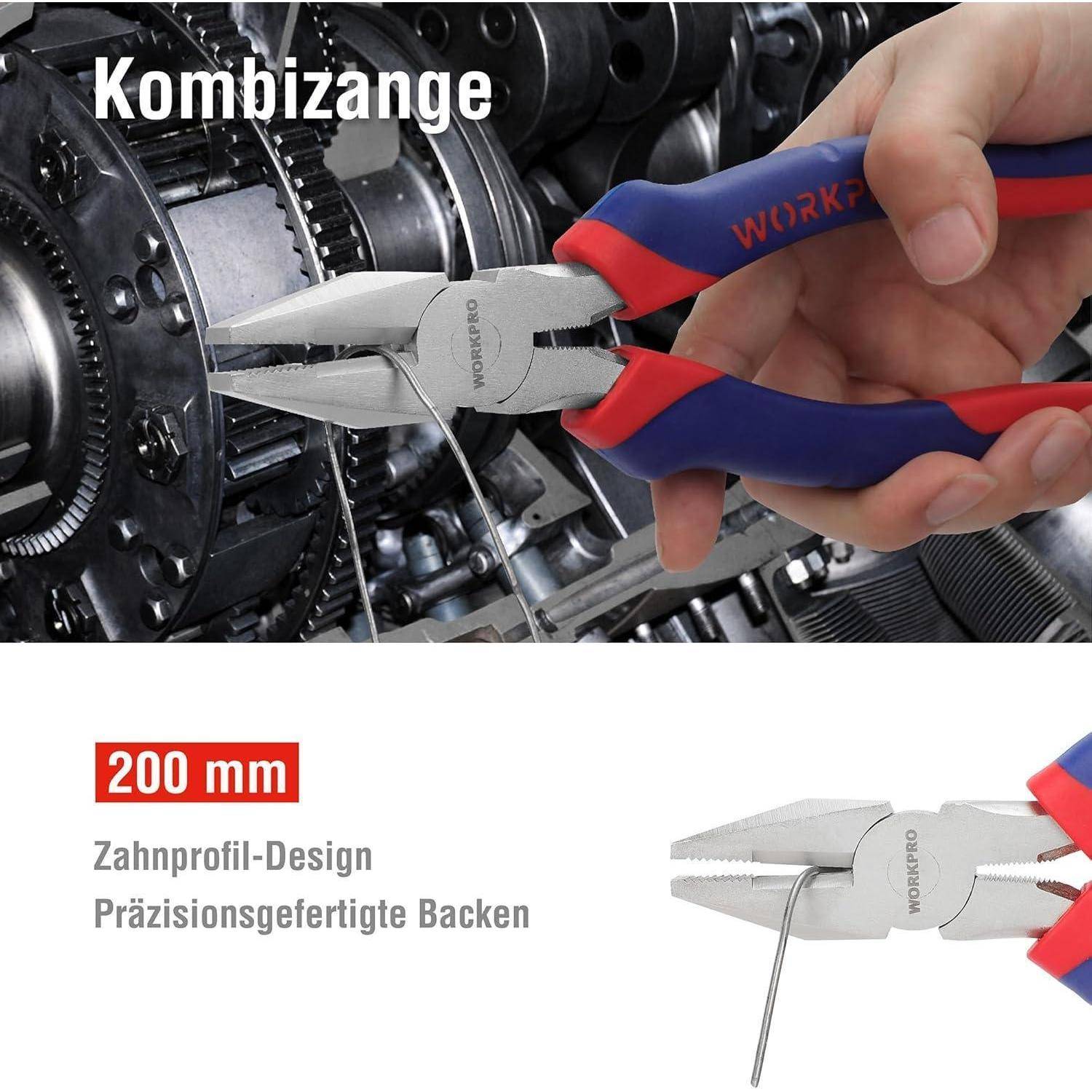 Kombizange' wird verwendet, um einen Draht in der Nähe von Maschinen zu durchtrennen. Der Text unten zeigt '200 mm Zahnprofil-Design; Präzisionsgefertigte Backen'.
