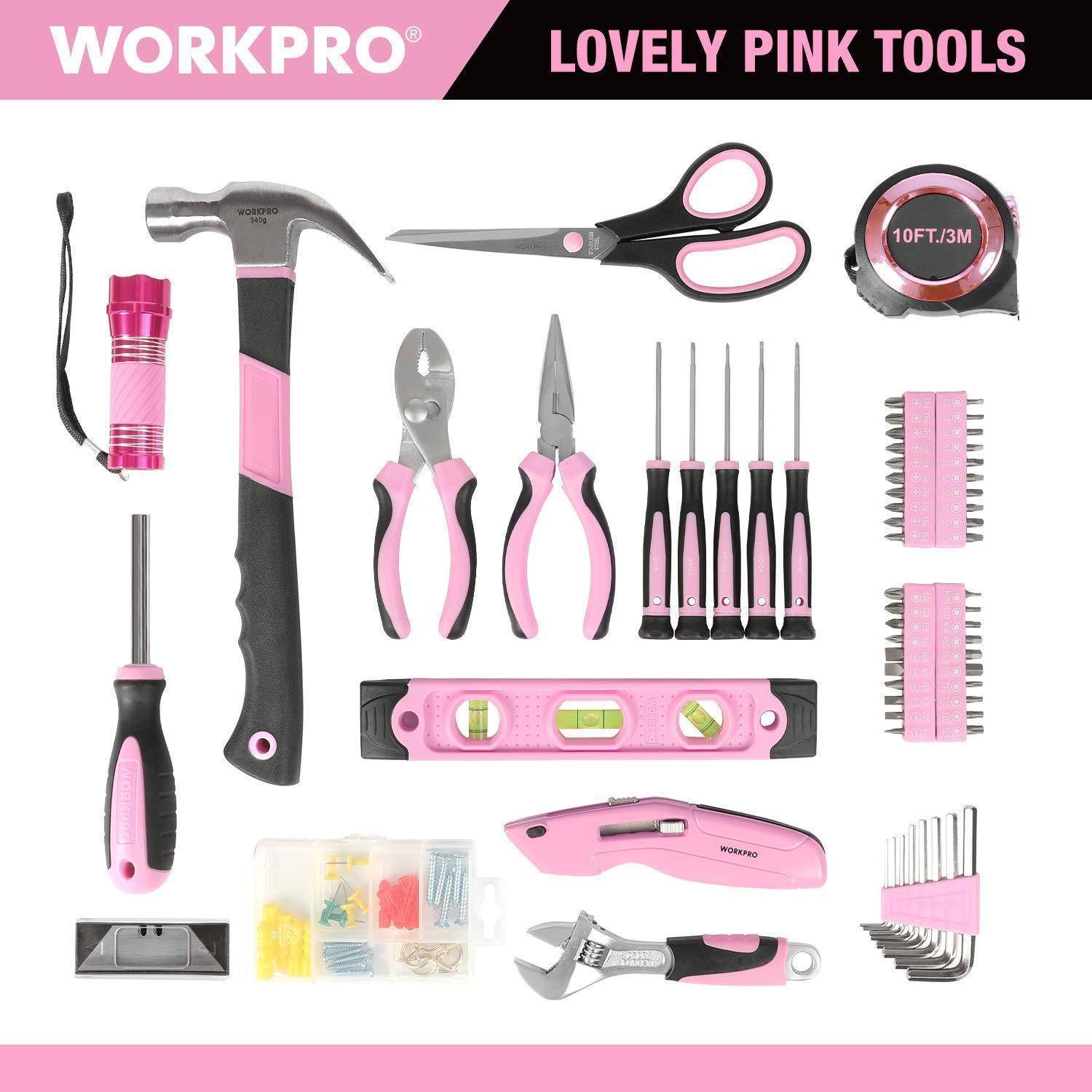 WORKPRO Lovely Pink Tools' Set mit Hammer, Zange, Schraubendreher-Set, Schere, Maßband und weiteren Werkzeugen, alle mit rosa Akzenten.