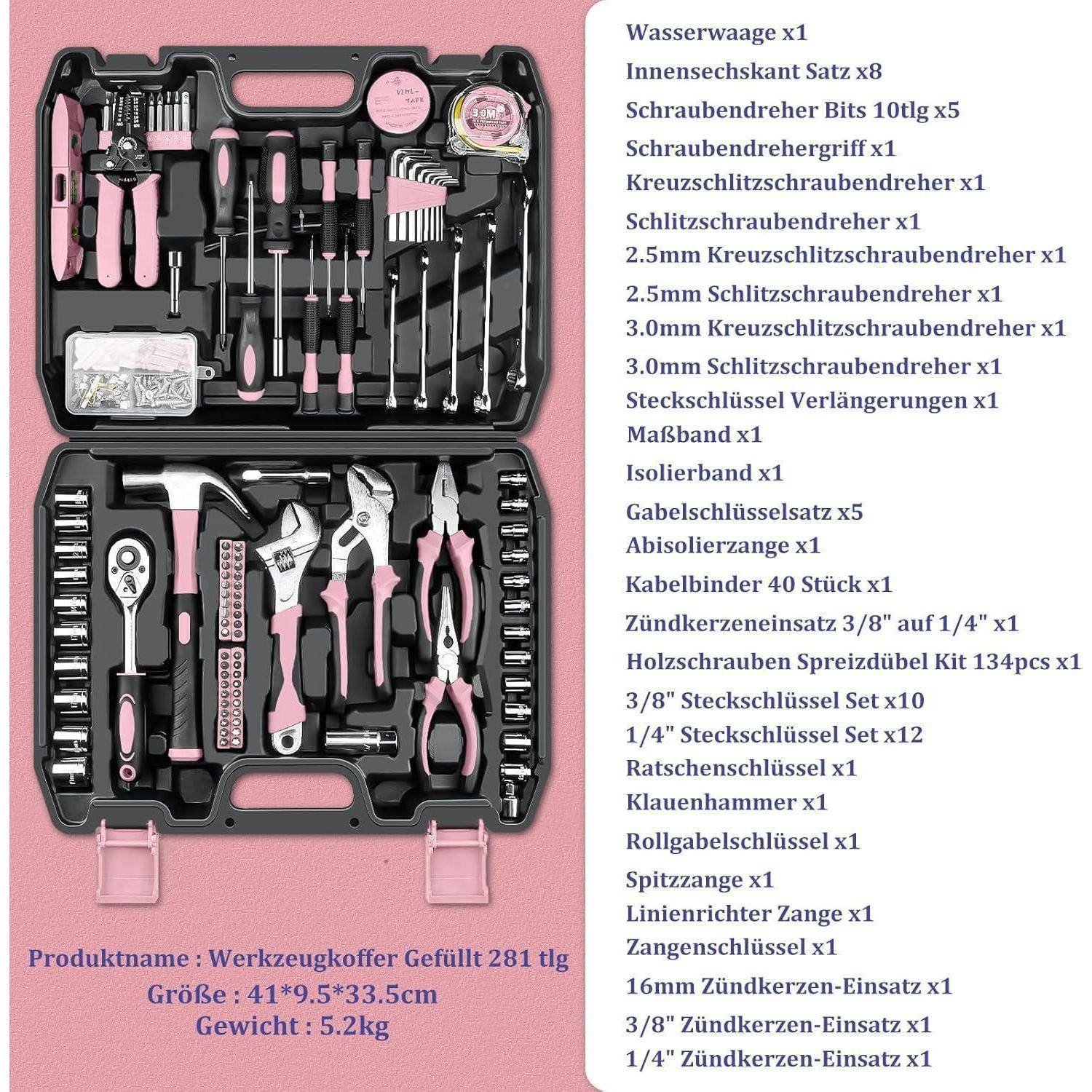 Werkzeugkoffer gefüllt 281tlg Multifunktions-Set in Rosa