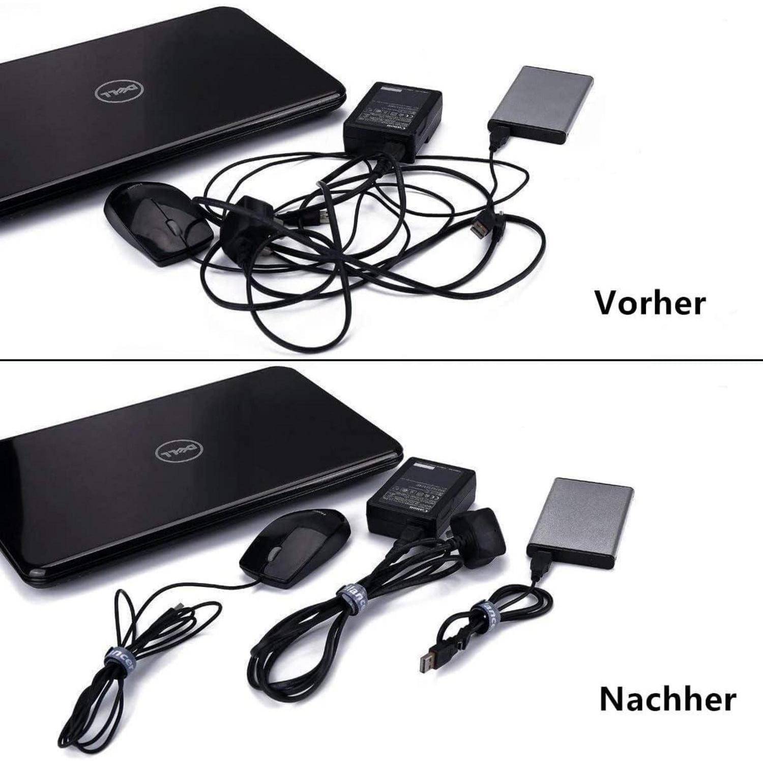 Vorher': verschlungene Laptop-Kabel, Maus und Ladegerät. 'Nachher': ordentlich mit Kabelbindern organisiert.