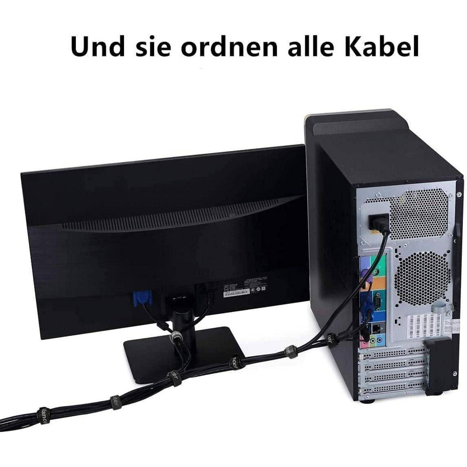 Ein Computer-Monitor und Tower sind ordentlich mit Kabeln organisiert und zeigen effektives Kabelmanagement. Der deutsche Text darüber lautet: „Und sie ordnen alle Kabel