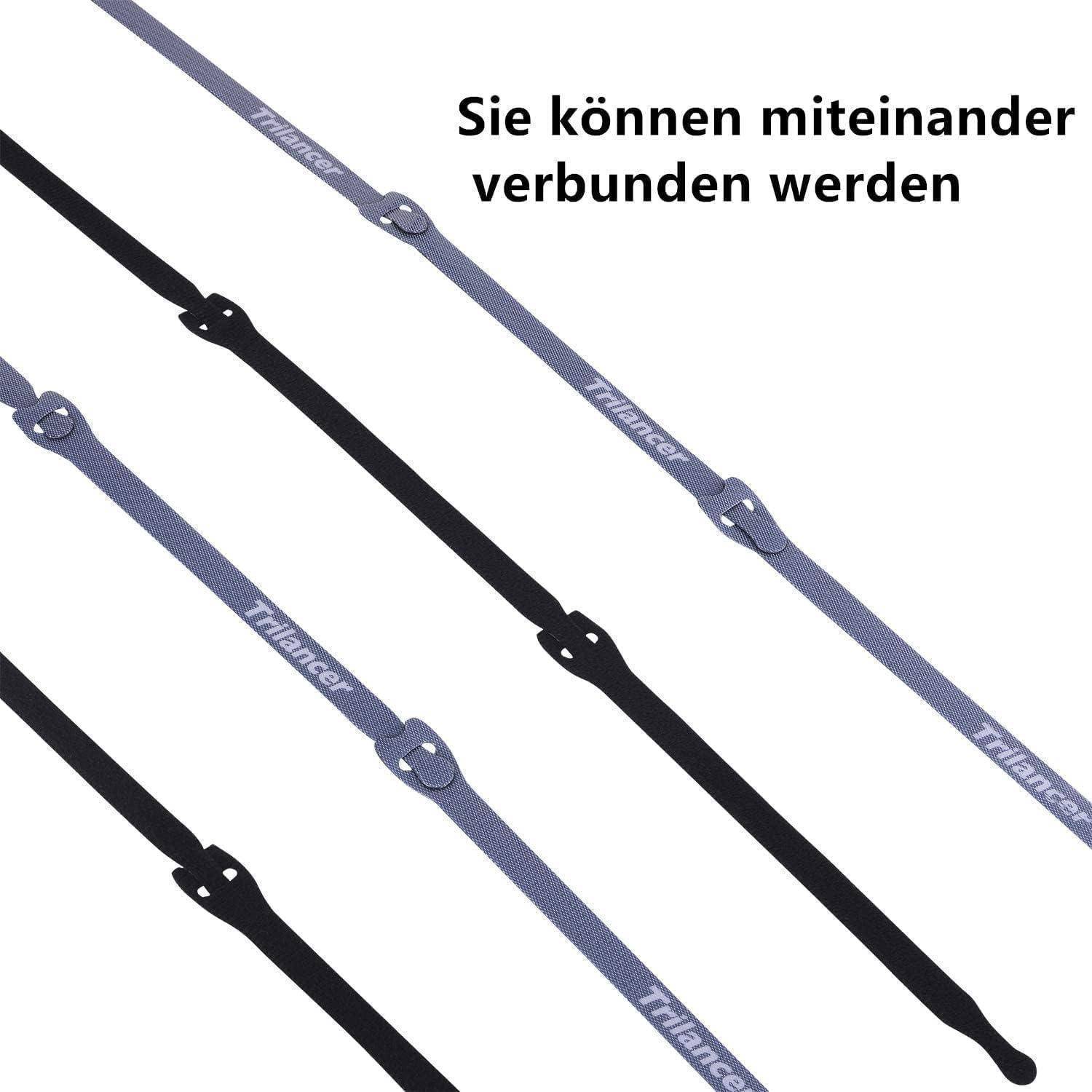 Kabelstrapse mit Klettband, in abwechselnd schwarzer und grauer Farbe, sind abgebildet. Deutscher Text darüber sagt: „Sie können miteinander verbunden werden.