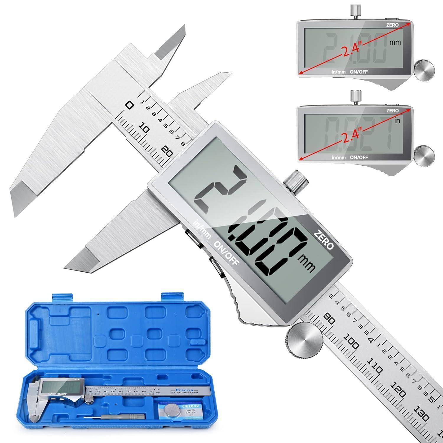 Digitale Schieblehre, die eine Messung von 24,00 mm anzeigt, in einem Etui mit einem zweiten Einschubfoto, das dieselbe Messung hervorhebt.