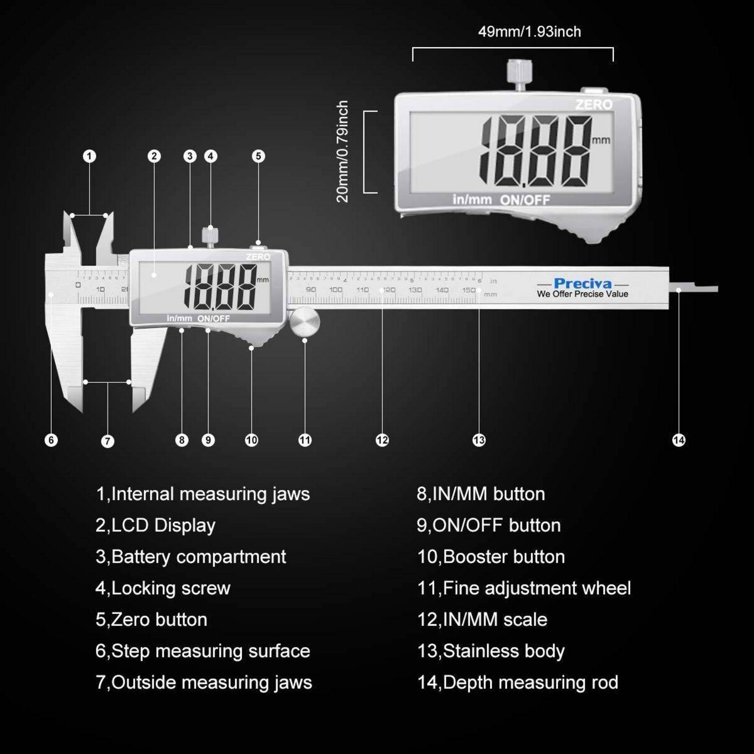 Digitaler Messschieber-Diagramm mit beschrifteten Teilen: Messzangen, LCD-Display, Batteriefach, Feststellschraube, Nulltaste und mehr.