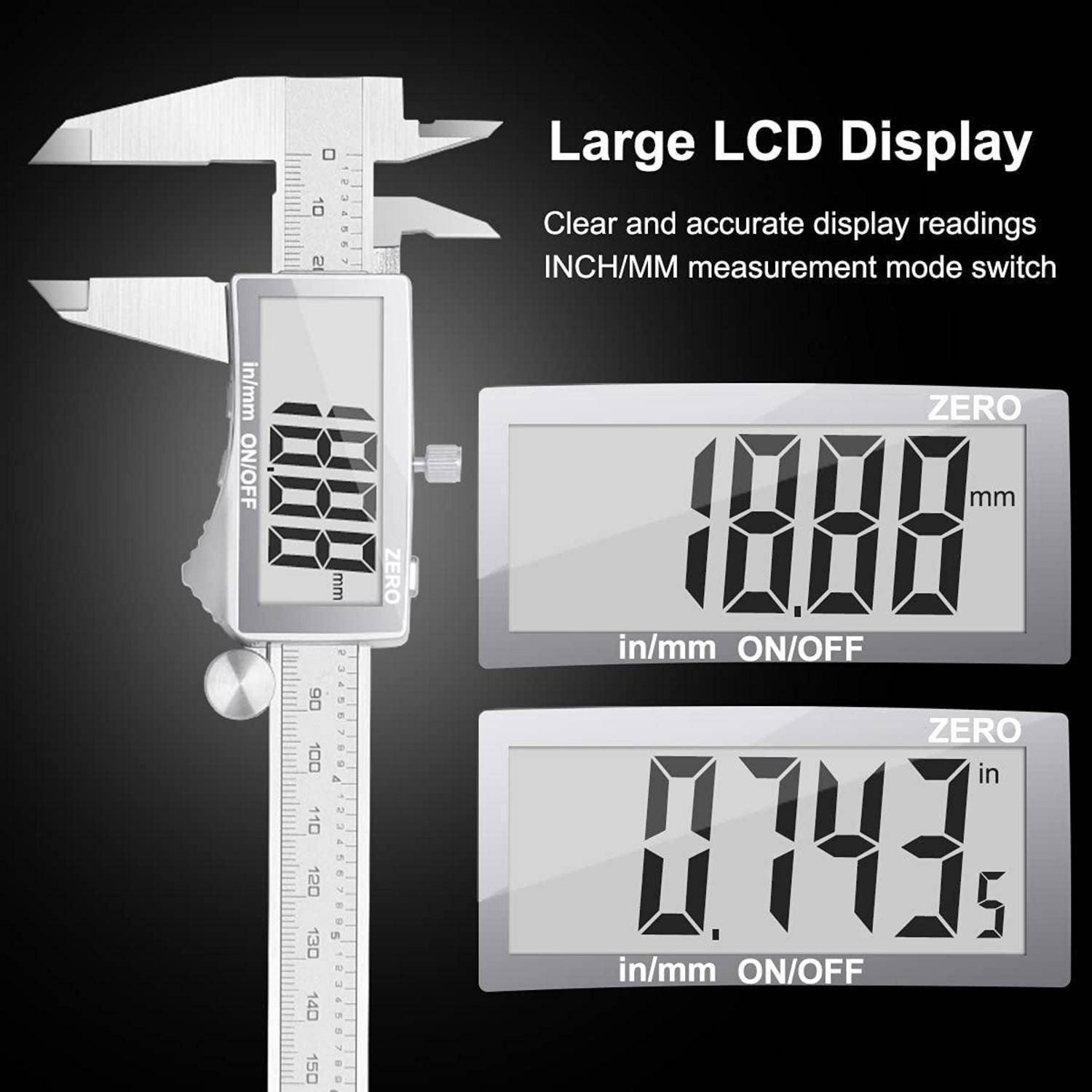 Ein digitaler Messschieber mit einem großen LCD-Display zeigt zwei Messungen an: '18,88 mm' und '0,743 Zoll'. Der Text hebt die Umschaltefunktion zwischen Zoll und Millimetern hervor.
