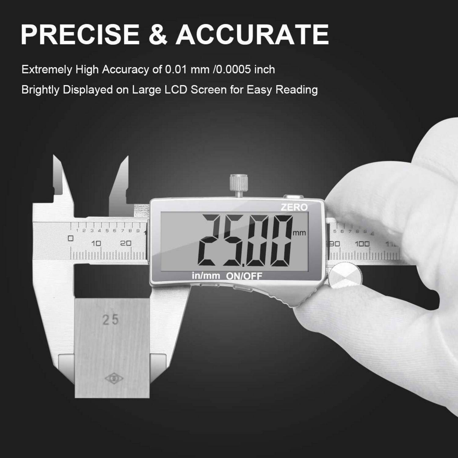 Digitale Schieblehre misst 25,00 mm auf LCD-Bildschirm, mit Aufschrift 'PRÄZISE & GENAU', fördert Hochpräzisionsmessung mit 0,01 mm Genauigkeit.