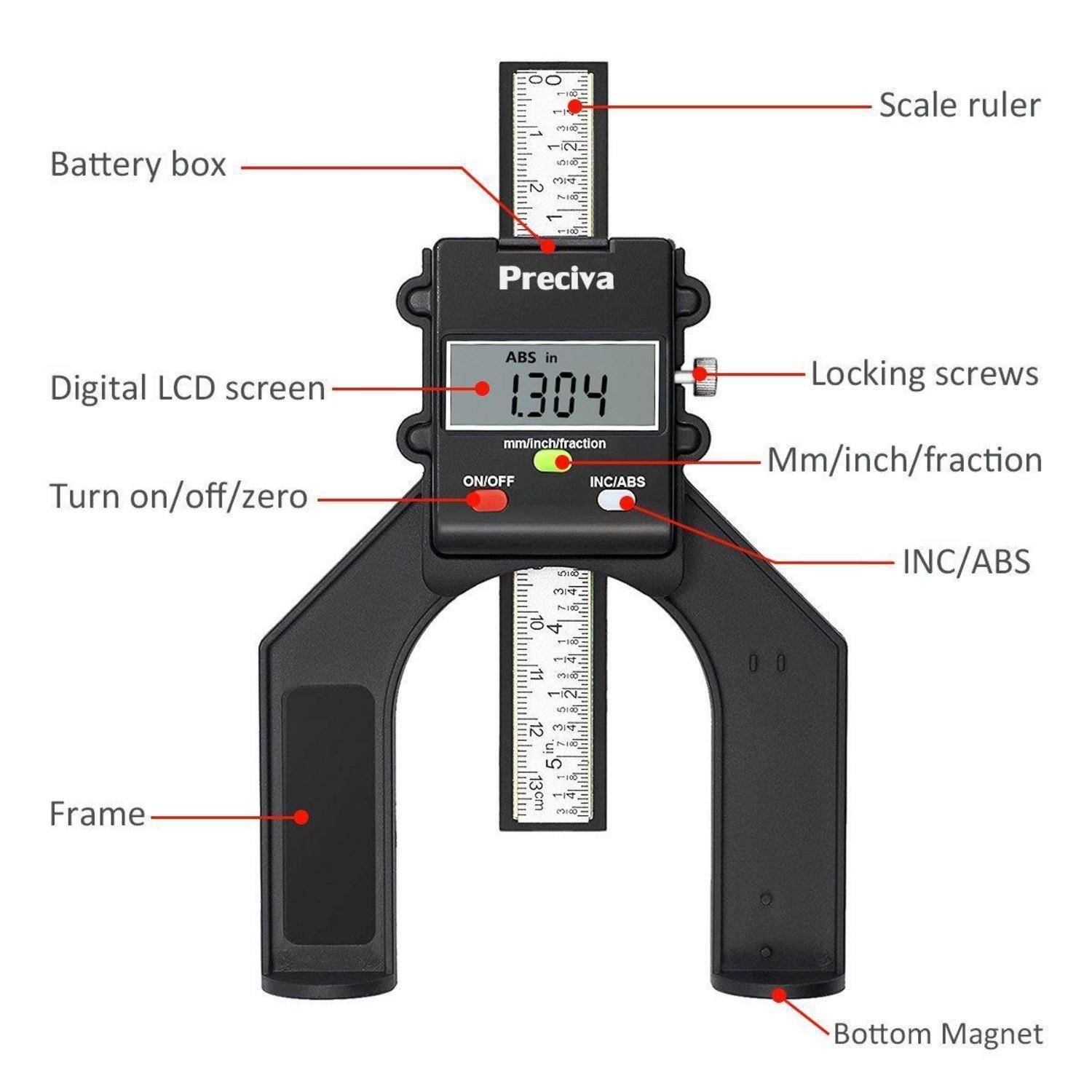 Digitale Schieblehre mit digitalem LCD-Display, beschriftete Teile einschließlich Maßstabslineal, Batteriefach, Feststellschrauben und unterem Magneten.