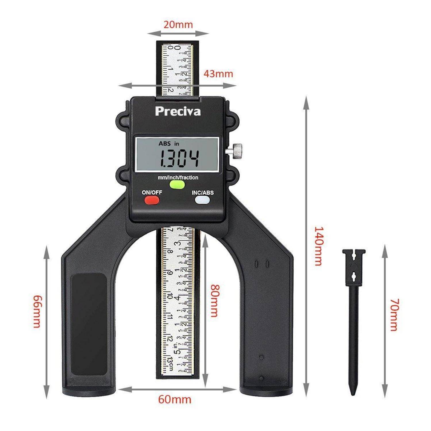 Preciva ABS-Mikrometer zeigt 13,04 mm Messung mit Abmessungen: 20 mm obere Breite, 43 mm Höhe, 60 mm untere Breite, 140 mm Gesamthöhe.