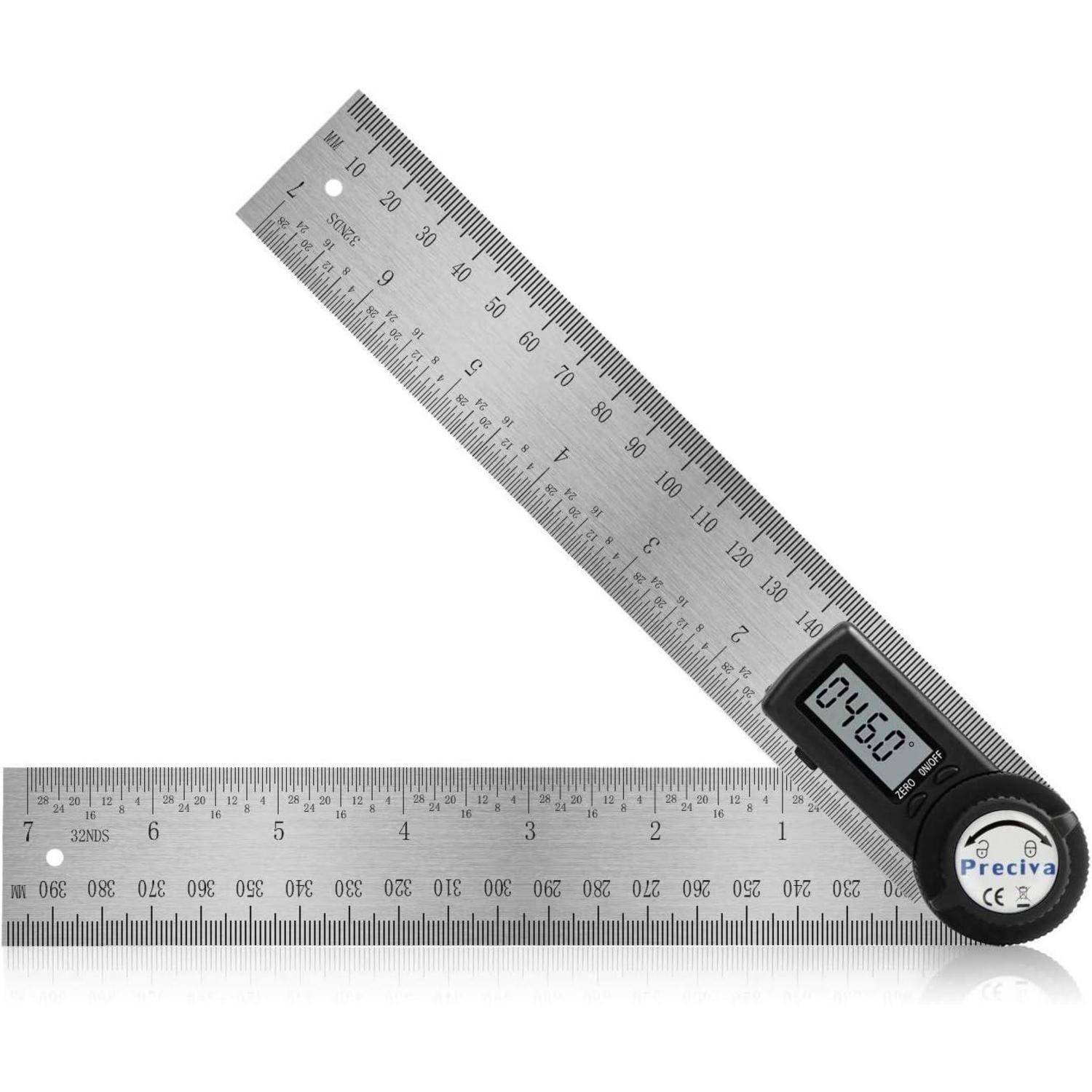 Ein digitaler Winkelmesser mit einem klaren LCD-Display, das '45,0°' anzeigt; er verfügt über zwei metallene Lineal, die an einem verstellbaren Gelenk verbunden sind.