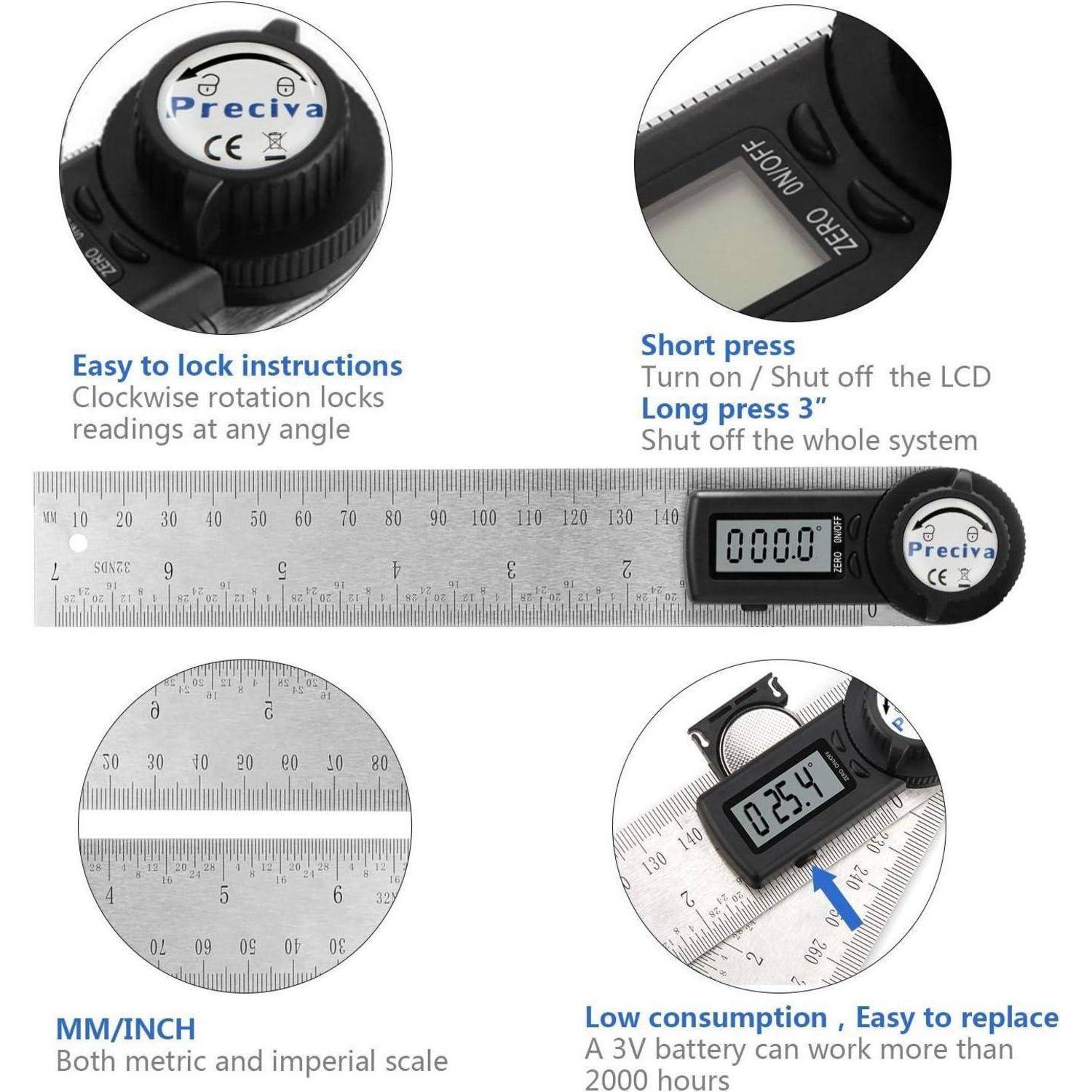 Digitale Schieblehre Merkmale: LCD-Display, mm/Zoll-Umrechnung, einfache Arretierungsanweisung, Batterie hält 2000 Stunden, misst bis zu 3 Zoll.