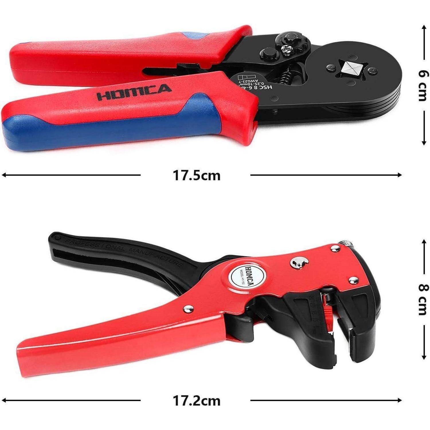 Zwei Werkzeuge mit roten und blauen Griffen und schwarzen Metallteilen. Oberes Werkzeug: 6 cm breit, 17,5 cm lang; unteres Werkzeug: 8 cm breit, 17,2 cm lang.