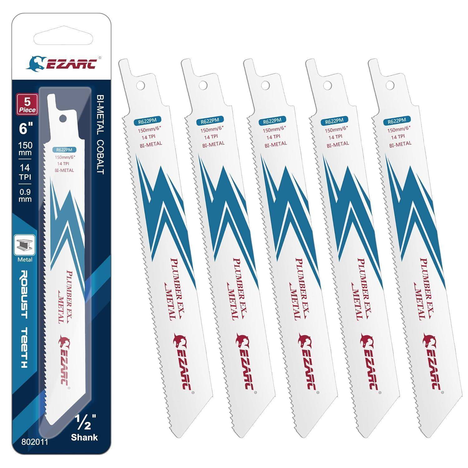 Verpackung von EZARC Bi-Metall-Kobaltsägeblätter für Hubsägen, bestehend aus 5 weißen Sägeblättern mit blauem Blitzdesign, geeignet für Metallschnitte.