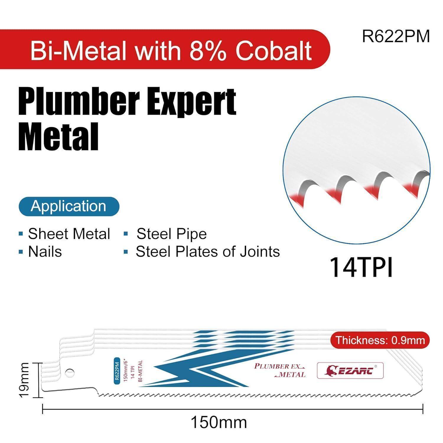 Bi-Metall mit 8% Kobalt, 150 mm Sägeblatt. Merkmale: 14 Zähne pro Zoll (ZPZ), geeignet für Blech, Stahlrohr.