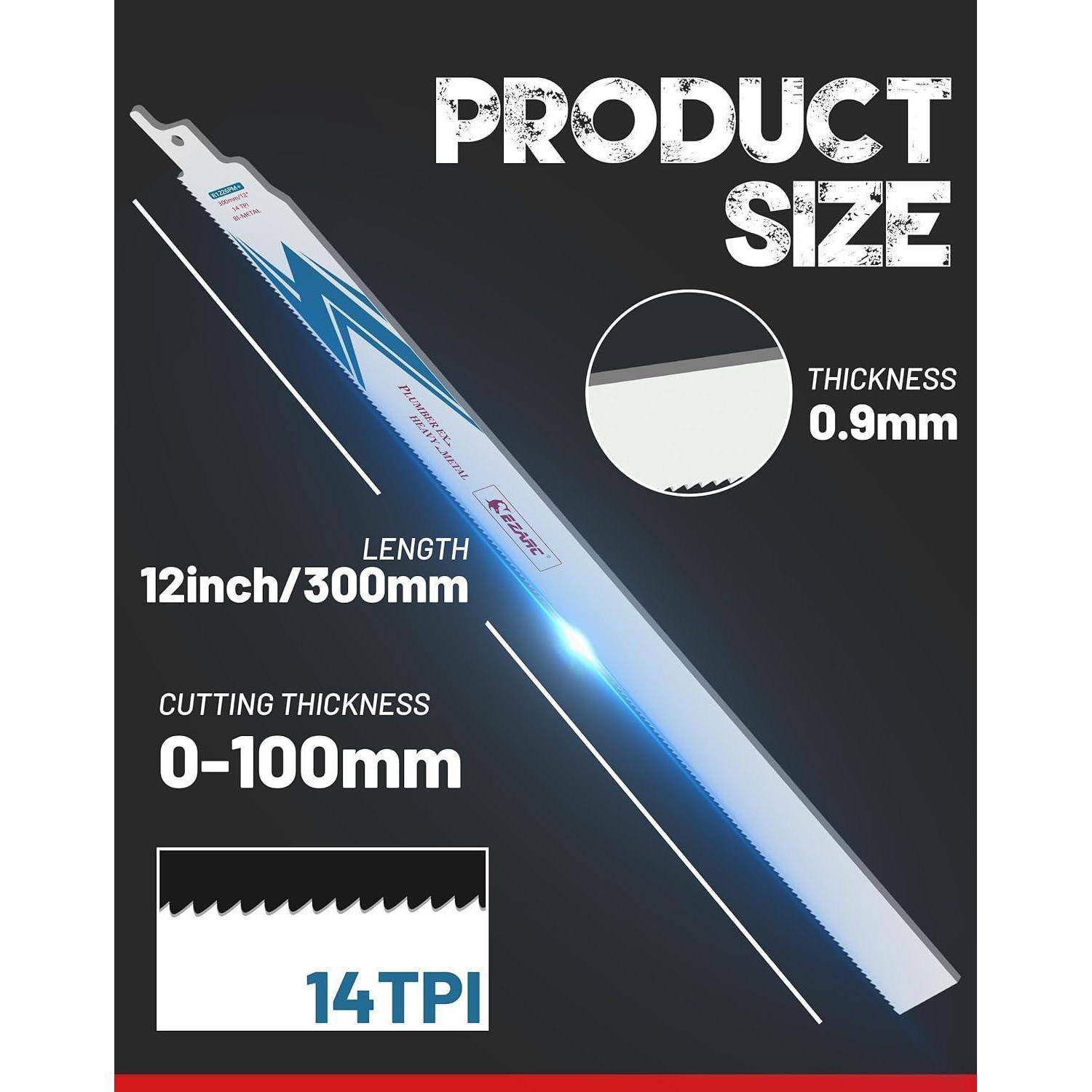 Sägeblatt-Produktspezifikationen: 12 Zoll/300 mm Länge, Schnittdicke 0-100 mm, Blattdicke 0,9 mm, 14 Zähne pro Zoll.