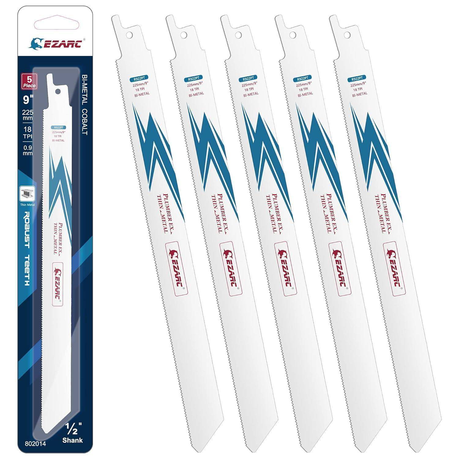 Fünf Säbelsägeblätter mit blauem Zickzack-Design; Verpackung zeigt die Marke 'Ezarc', beschreibt Eigenschaften und zeigt Blattspezifikationen.