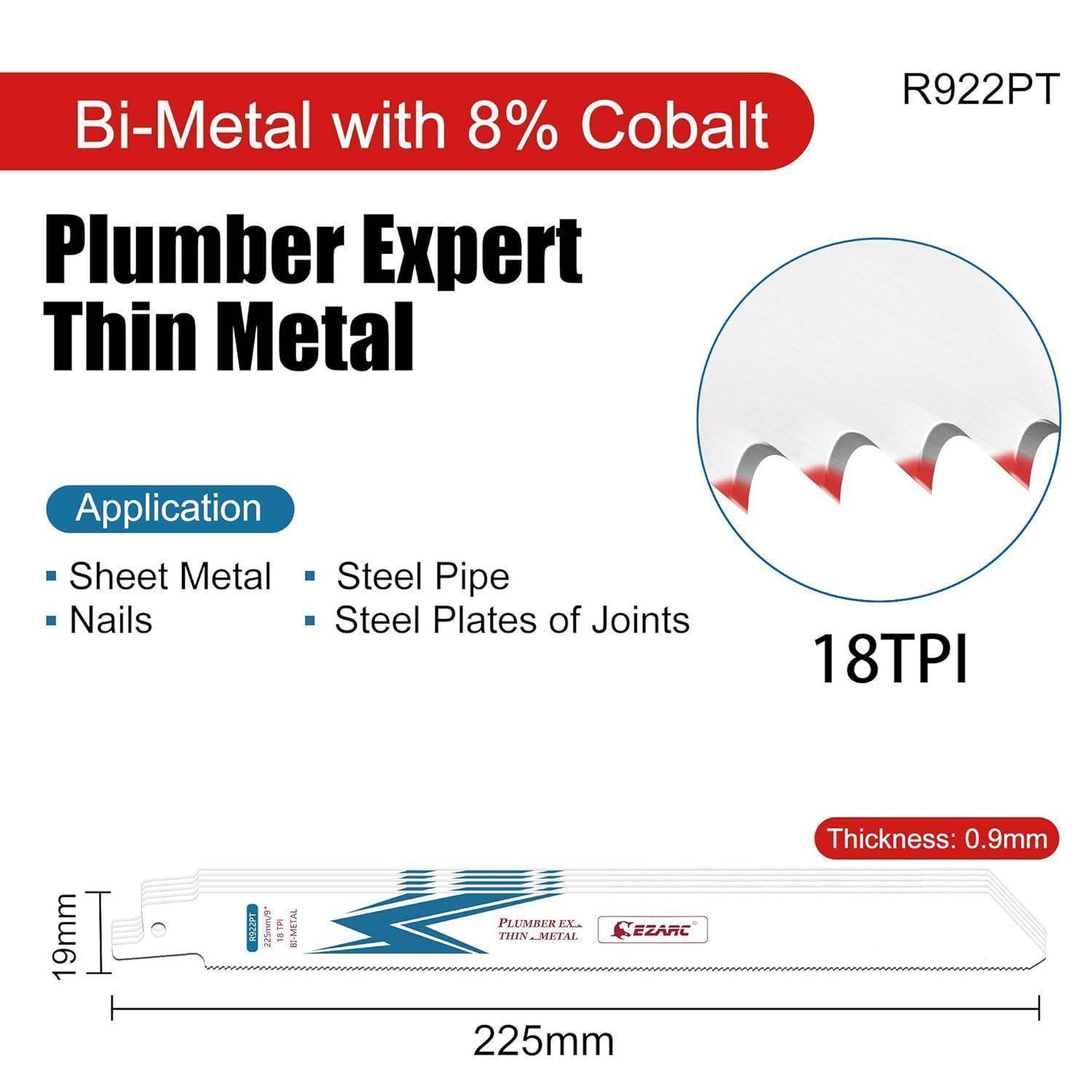 Bi-Metall-Sägeblatt mit 8% Kobalt, ideal zum Schneiden von Blech, Nägeln und Stahlrohren. 18 Zähne pro Zoll, 225 mm Länge, 0,9 mm Dicke.