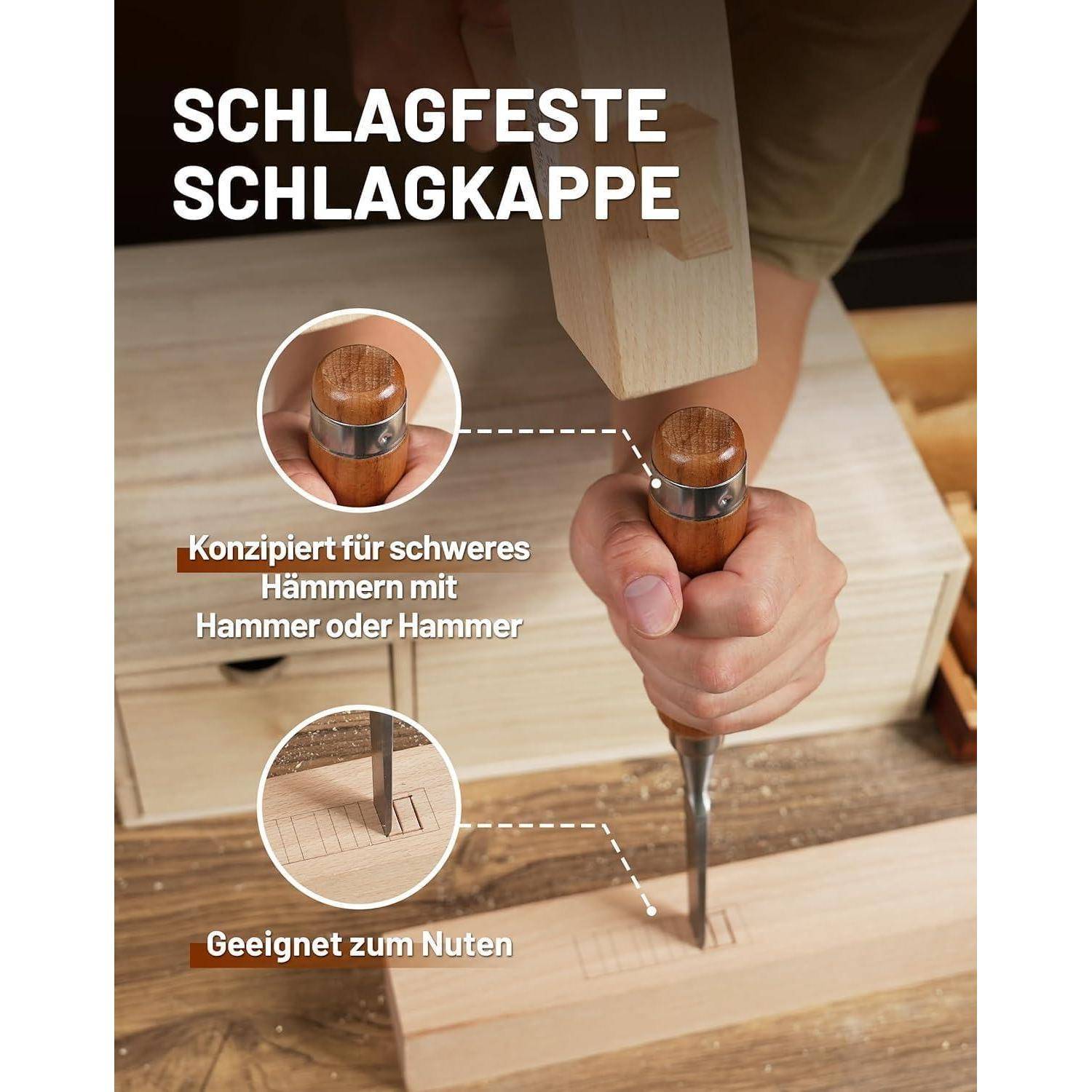 Eine Person, die Holz mit einem hervorgehobenen, robusten Metallkopf bearbeitet, der zum Hämmern konzipiert ist. Textbeschriftungen der Werkzeuge: 'Konzipiert für schweres Hämmern,' 'Geeignet zum Nuten.