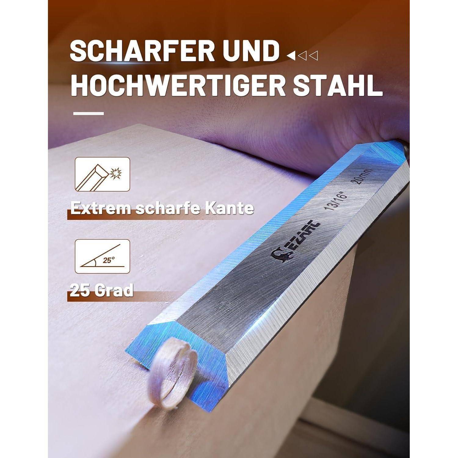 Ein Meißel mit einer scharfen, hochwertigen Stahlkante, mit dem Etikett 'Extrem scharfe Kante' bei 25 Grad, unterstreicht die Qualität des Präzisionswerkzeugs.