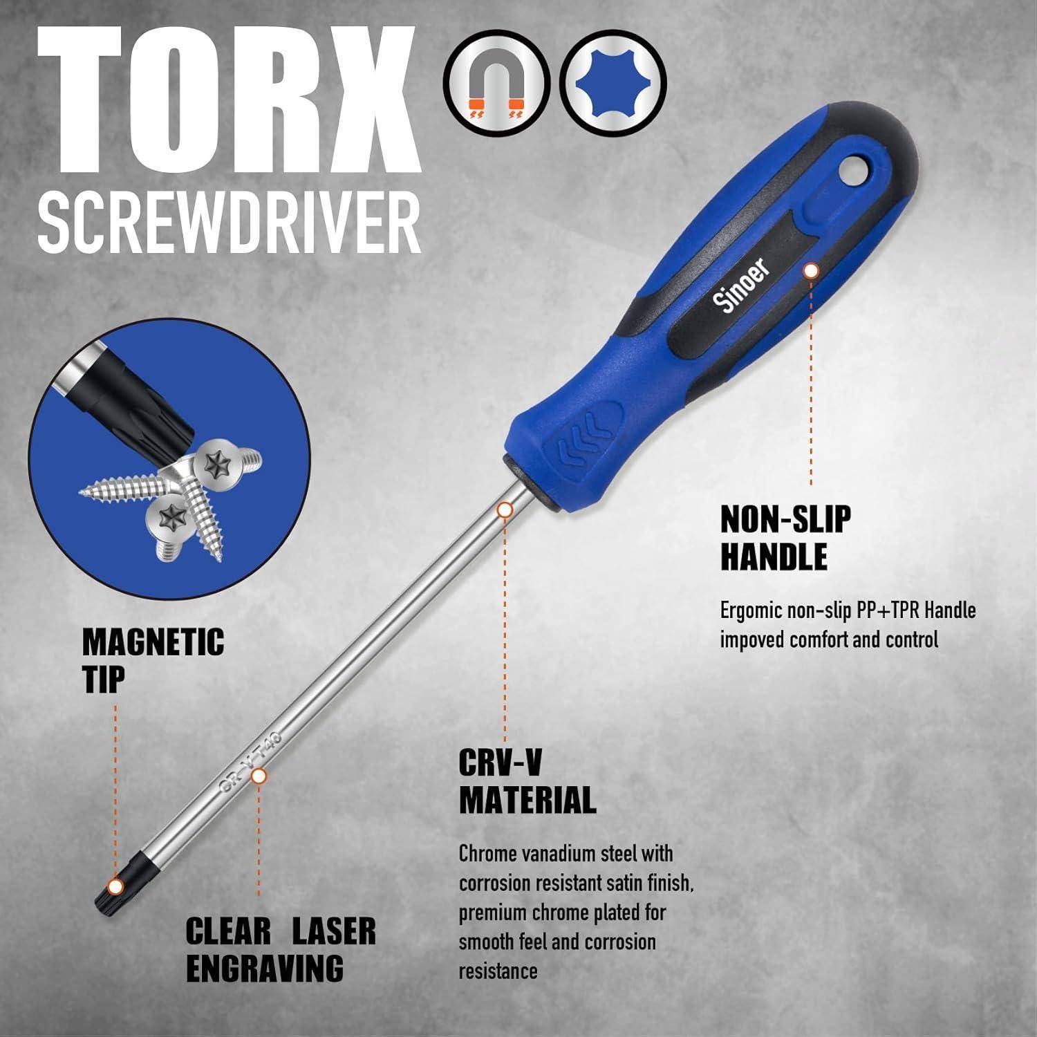 Torx-Schraubendreher mit magnetischer Spitze, rutschfestem ergonomischem Griff, hergestellt aus CRV-Material mit Korrosionsbeständigkeit und Lasergravenierung.