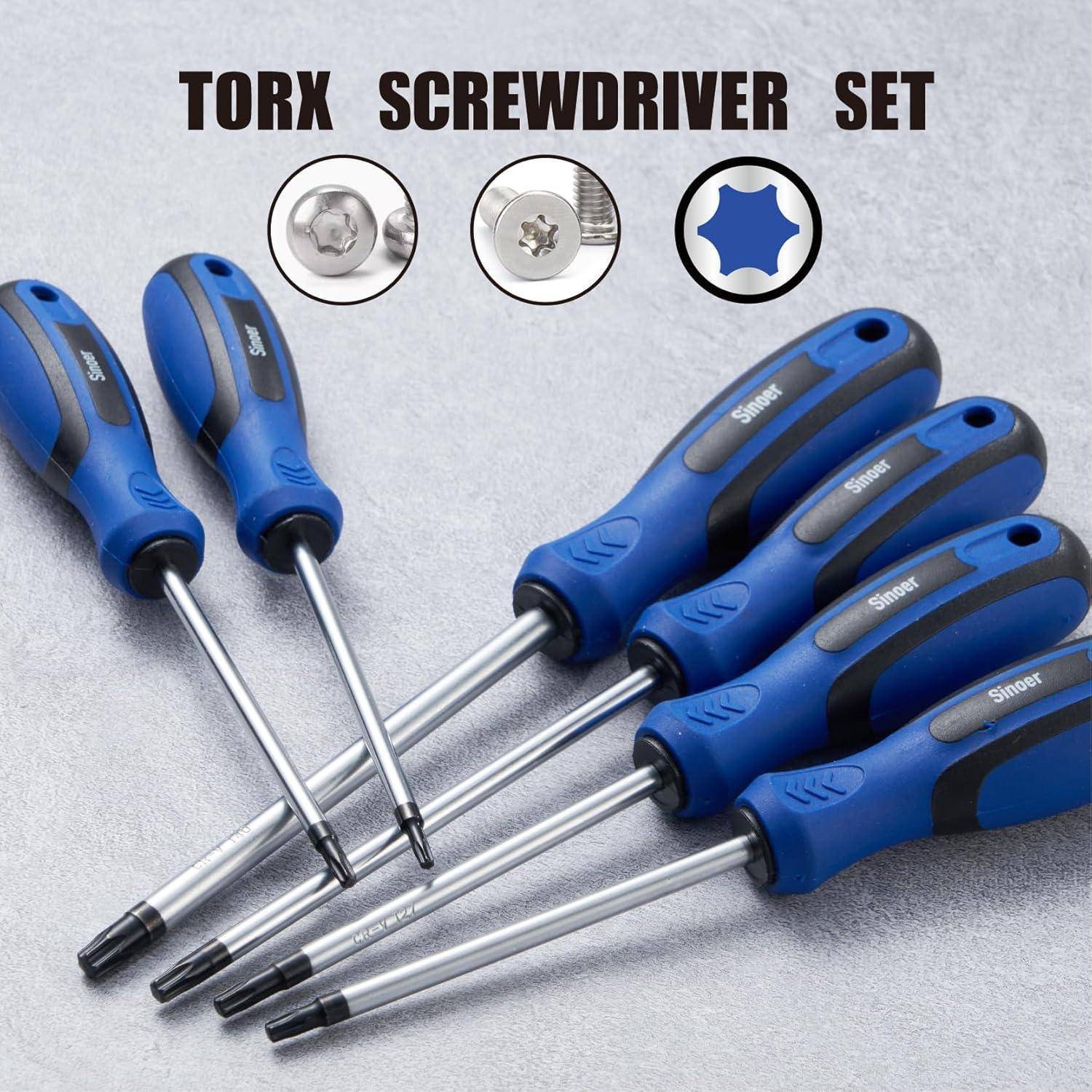 Fünf blaue Torx-Schraubendreher auf einer grauen Oberfläche, mit Symbolen, die verschiedene Torx-Kopfgrößen zeigen. Text: Torx-Schraubendreher-Set.