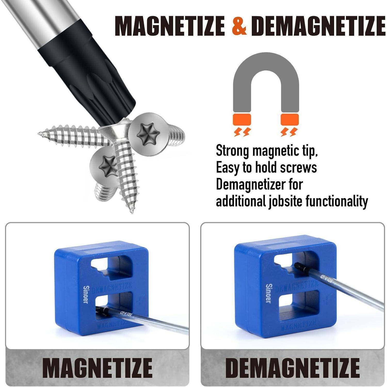 Werkzeug-Demonstration, die zeigt, wie eine starke magnetische Schraubenzieherspitze Schrauben hält. Enthält blaue Magnetisierer- und Demagnetisierungsgeräte.