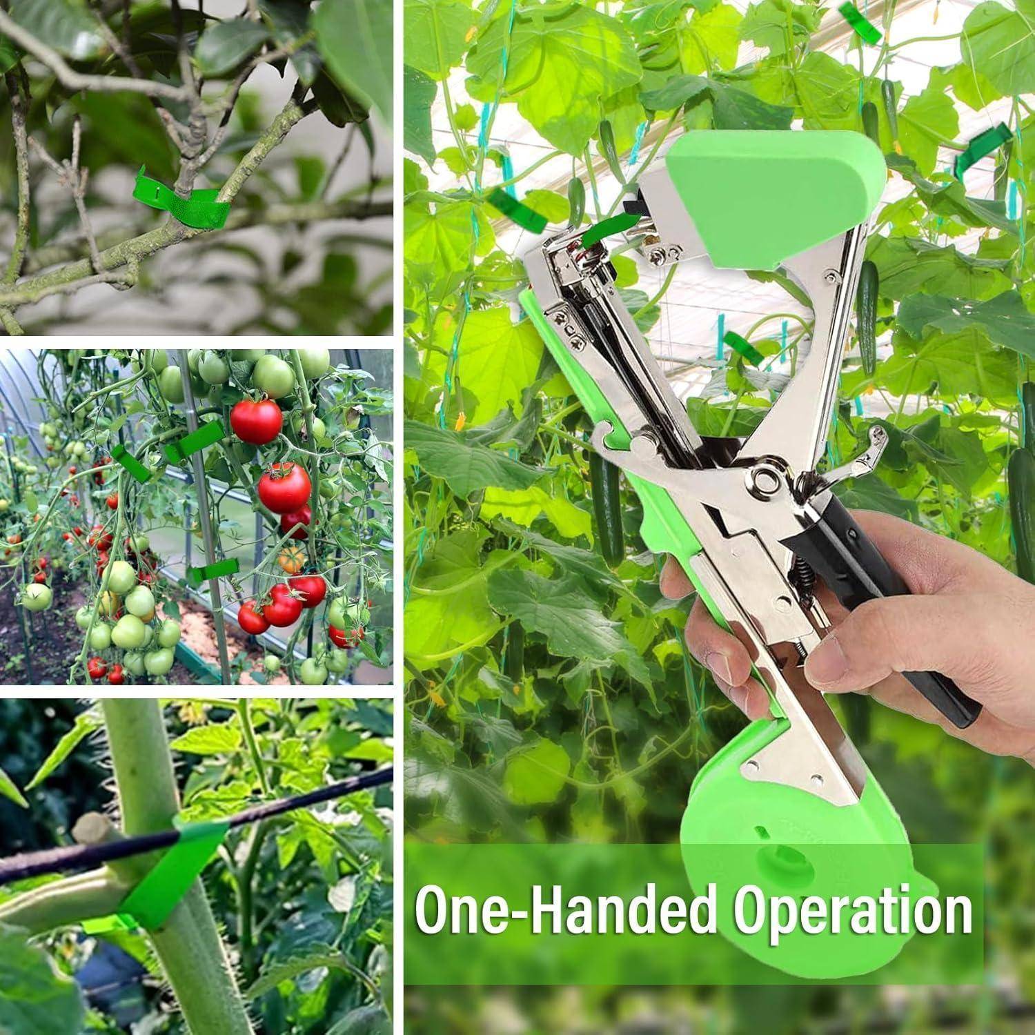 Hand, die ein grünes Klebebandwerkzeug verwendet, um Pflanzen zu befestigen; Einschub zeigt Tomaten, die an Staken gebunden sind. Text liest sich: 'Einhandsteuerung'.