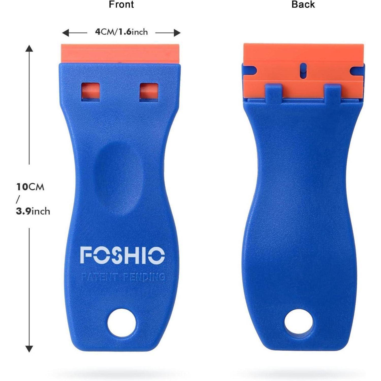 Ansichten von vorne und hinten eines blauen, handgehaltenen Schabwerkzeugs mit einer Höhe von 10 cm und einer Breite von 4 cm, ausgestattet mit einer orangefarbenen Schneidkante.