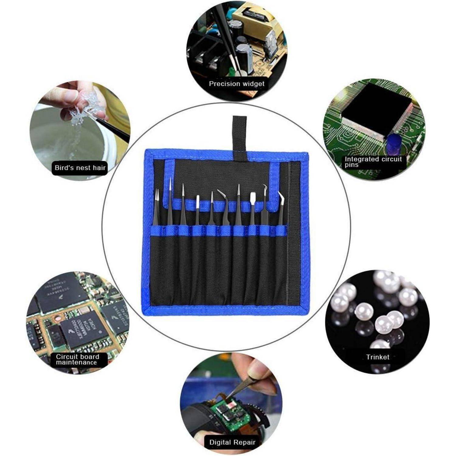 Ein Werkzeugkasten mit Präzisionswerkzeugen in der Mitte ausgestellt; umgebende Bilder zeigen Anwendungen: Reparatur von Leiterplatten, digitalen Geräten, Handhabung von Kleinteilen.