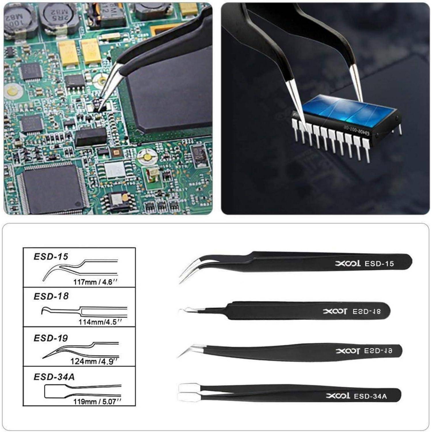 Pinzetten-Set für Elektronik-Reparaturen, zeigt Pinzetten bei der Verwendung auf einer Leiterplatte und einem Mikrochip. Umfasst Spezifikationen für die Größen ESD-15, ESD-18, ESD-19, ESD-34A.