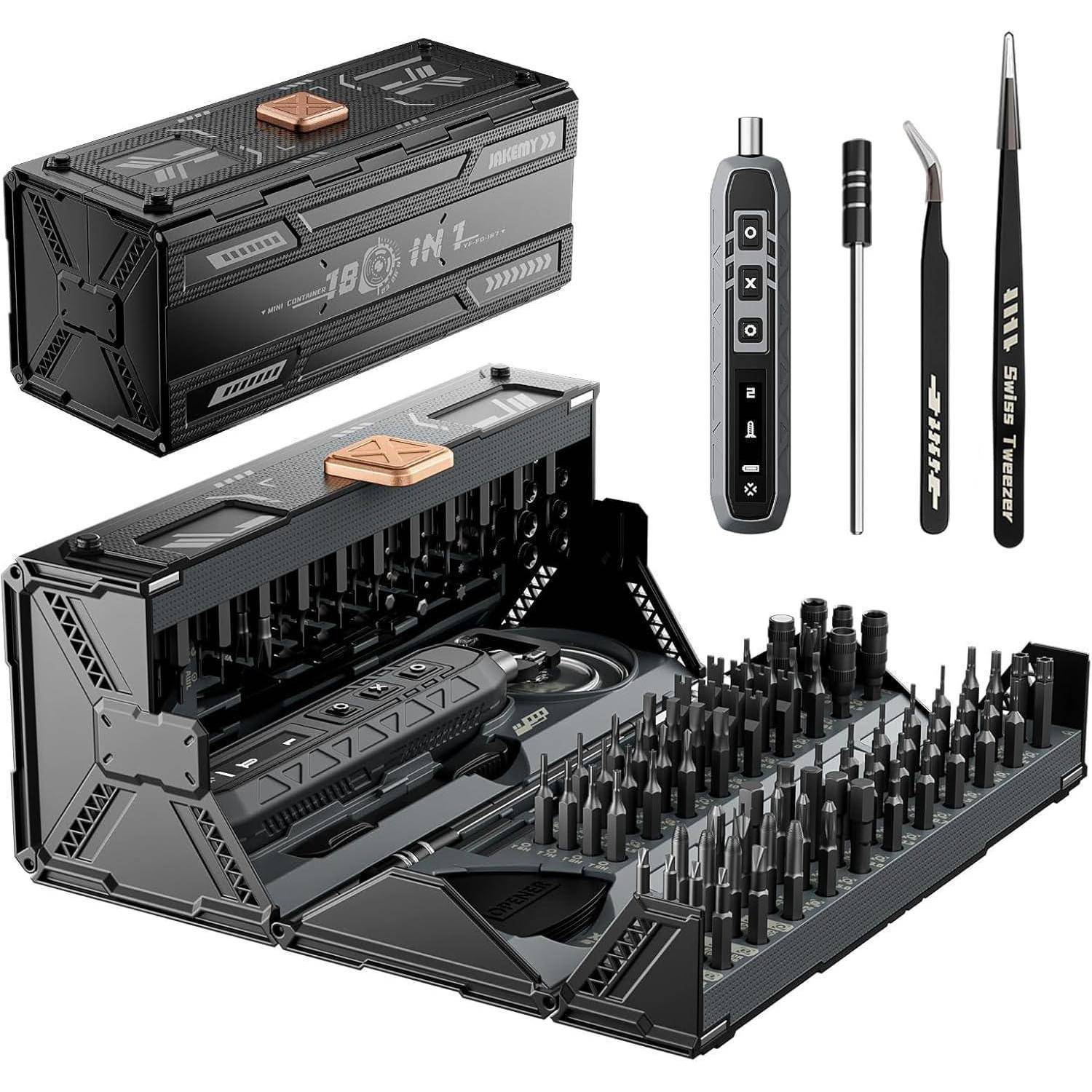 Ein Präzisions-Schraubendreher-Set umfasst mehrere Bits, eine Aufbewahrungsbox, ein magnetisches Werkzeug und Pinzetten für elektronische Reparaturen und Montage.