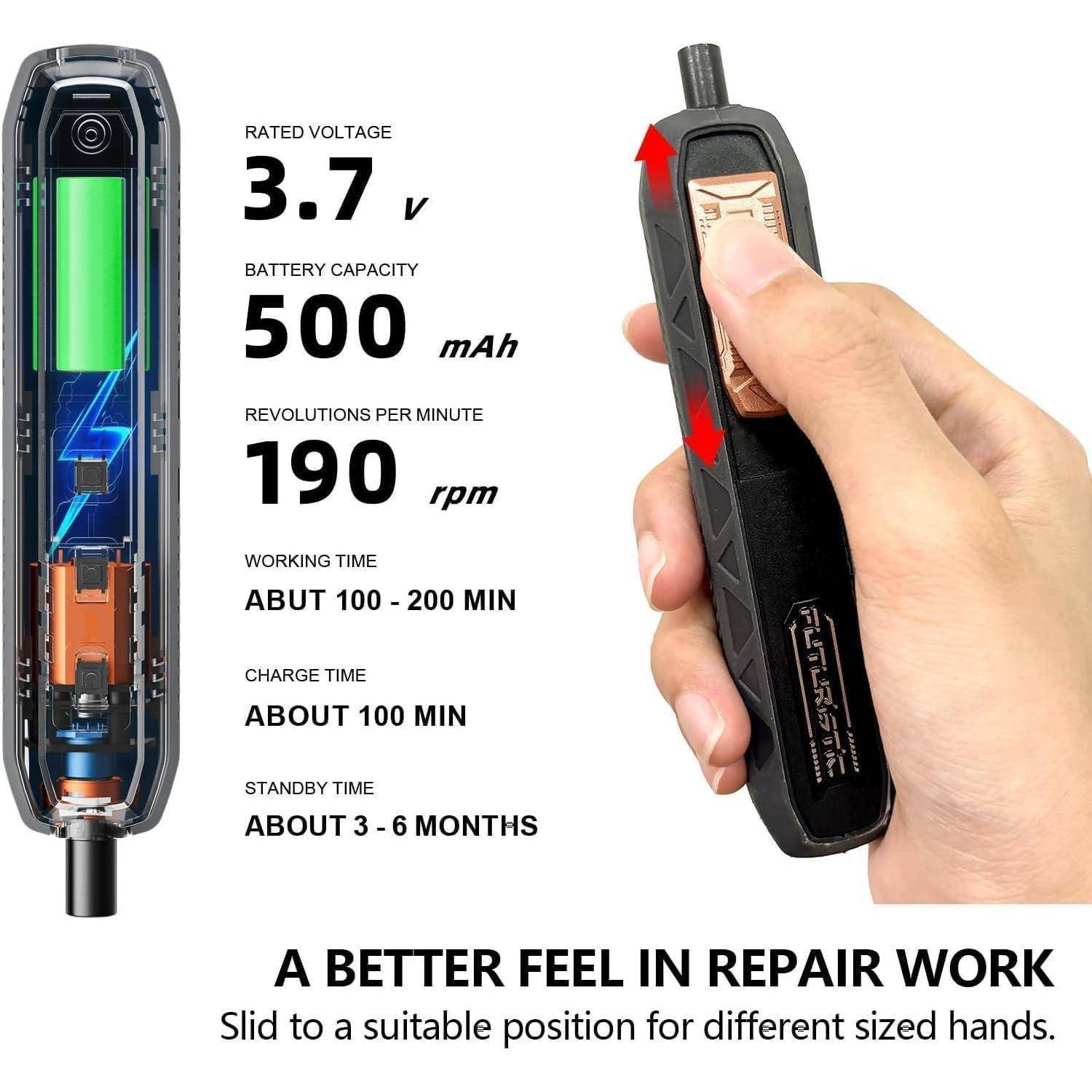 Hand mit einem elektronischen Schraubendreher, der Akku- und Geschwindigkeitsinformationen zeigt: '3,7V, 500mAh, 190 U/min.' Text darunter hebt die verstellbare Größe für Reparaturen hervor.