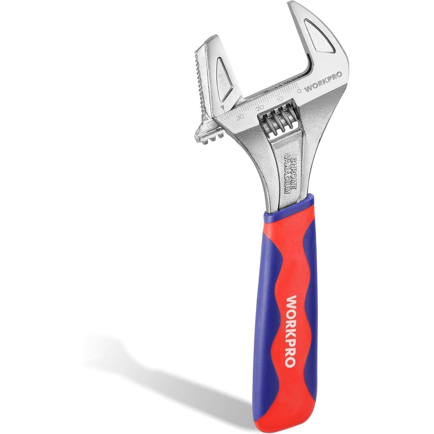 Ein verstellbarer Schraubenschlüssel mit einem roten und blauen Griff, beschriftet mit 'WORKPRO', ausgestattet mit einer einzigartigen Rohrzange für vielseitiges Greifen.