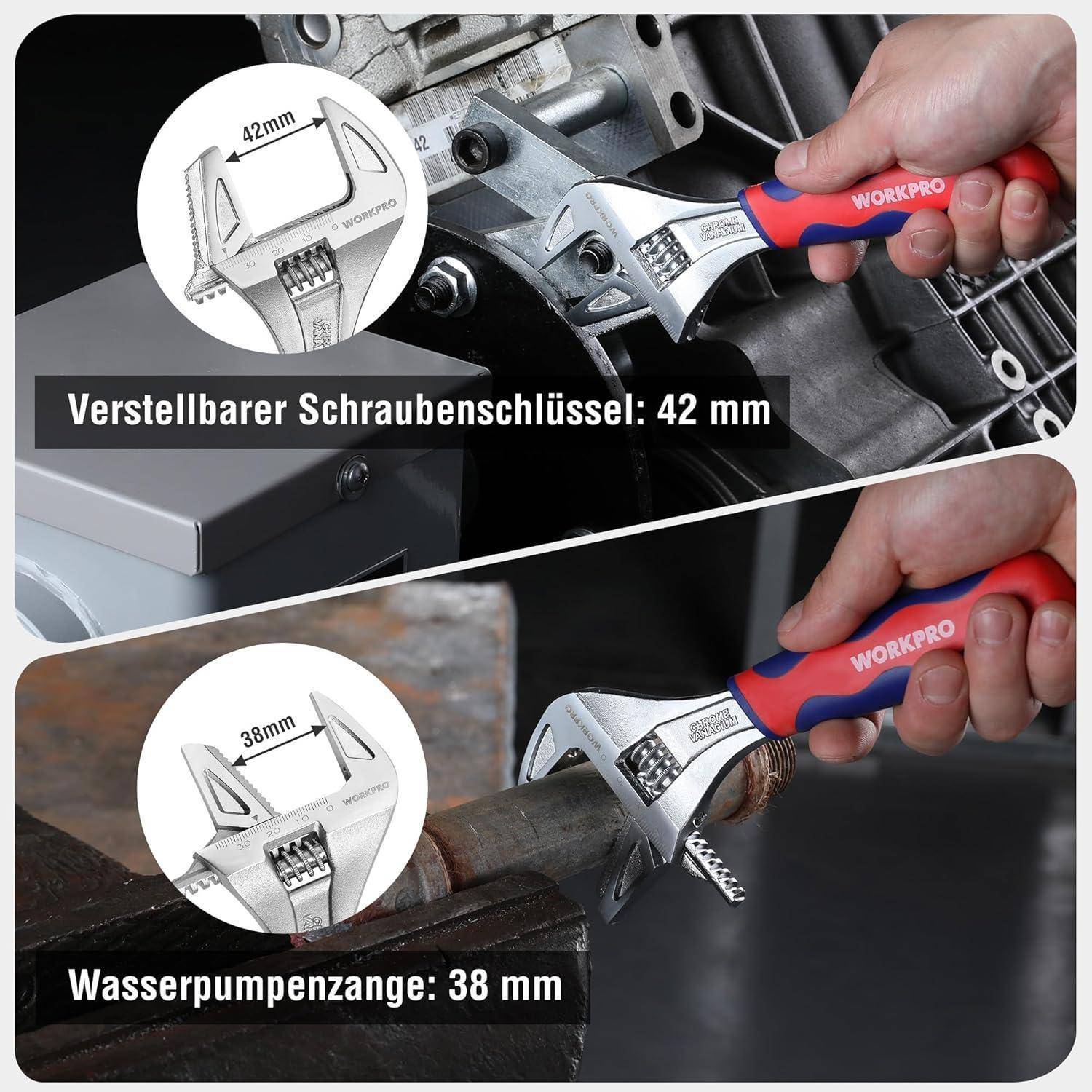 Ein Mensch verwendet verstellbare Schraubenschlüssel an einer Maschine und einem Rohr. Oberes Bild: 'Verstellbarer Schraubenschlüssel: 42 mm', unteres Bild: 'Wasserpumpenzange: 38 mm'.