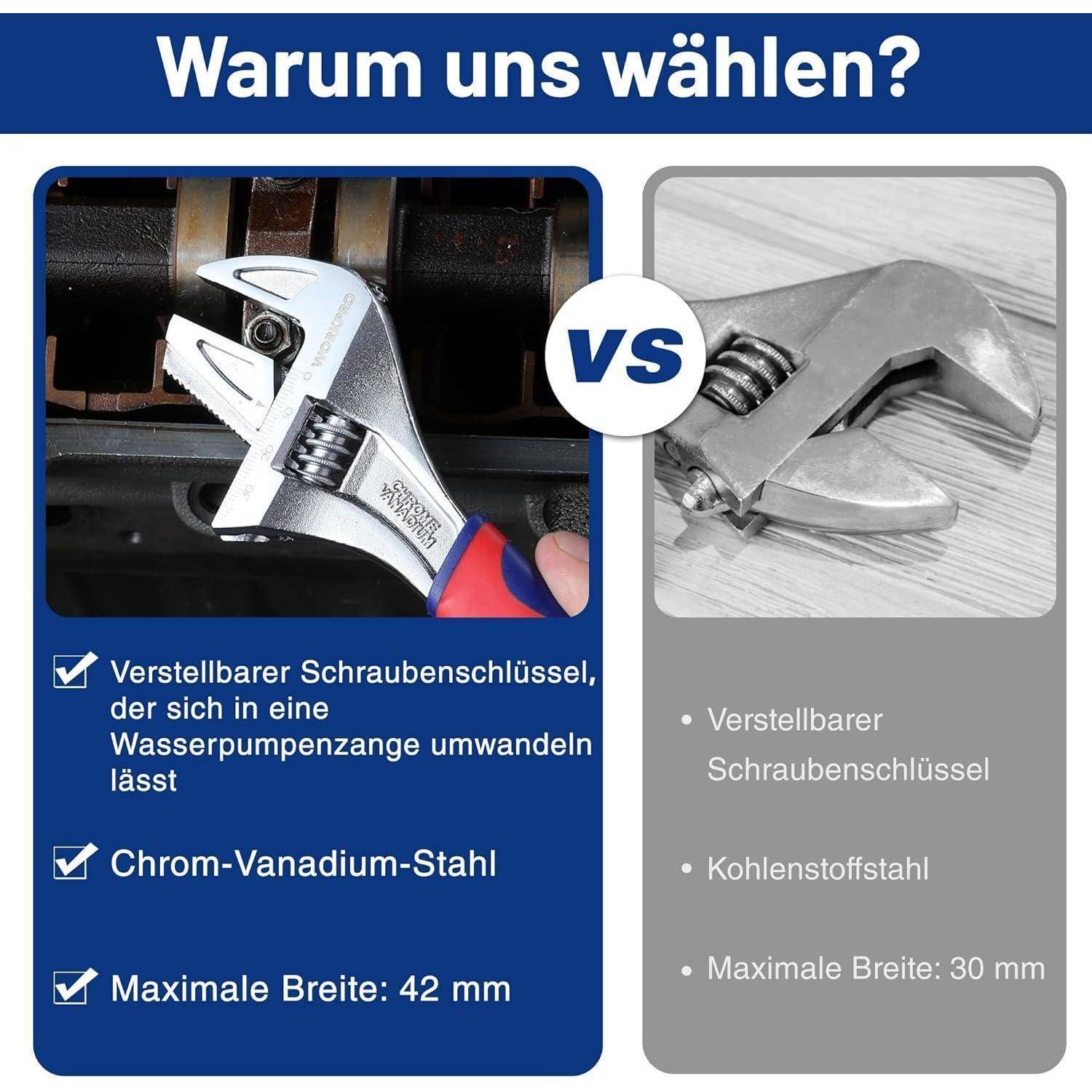 Der Vergleich zeigt zwei Schraubenschlüssel mit dem Text: 'Warum uns wählen?', wobei folgende Merkmale hervorgehoben werden: 'Verstellbarer Schraubenschlüssel', 'Chrom-Vanadium-Stahl', 'Maximale Breite: 42 mm' im Vergleich zu 'Verstellbarer Schraubenschlüssel', 'Kohlenstoffstahl', 'Maximale Breite: 30 mm'.